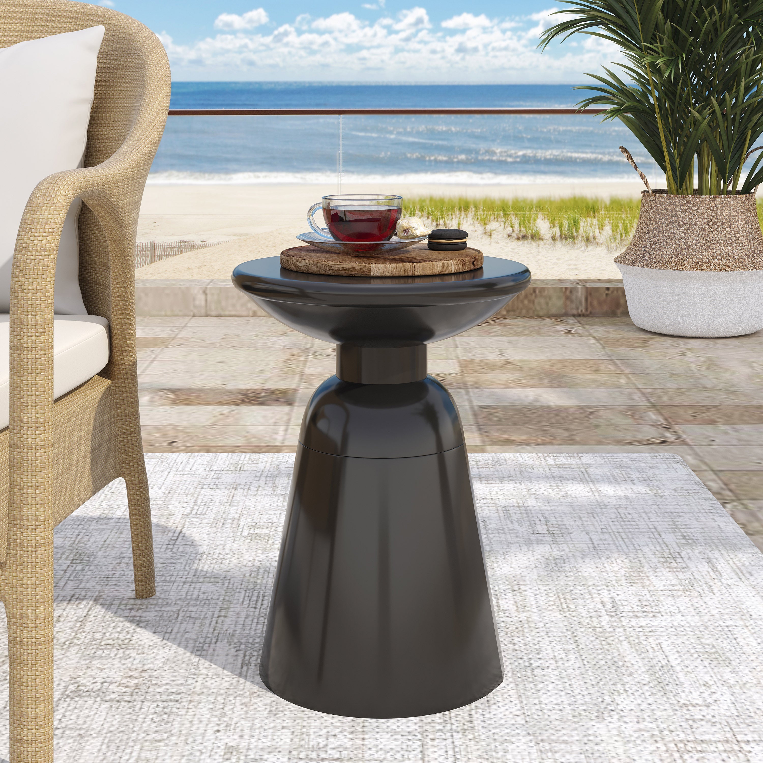 Modern Outdoor Metal End Table with Pedestal Structure in Black Iron, 15x15x20.75 Inches