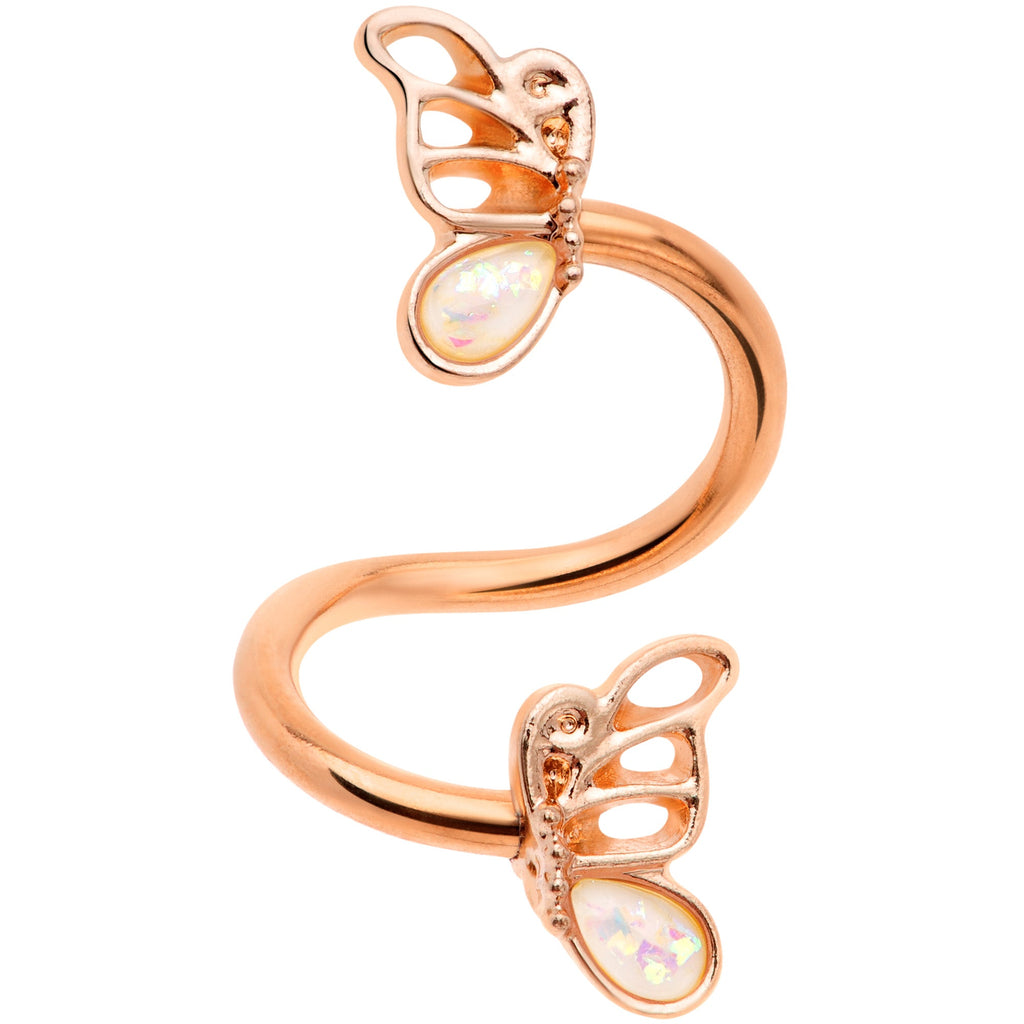 White Faux Opal Rose Gold Tone Butterfly Spiral Twister Belly Ring