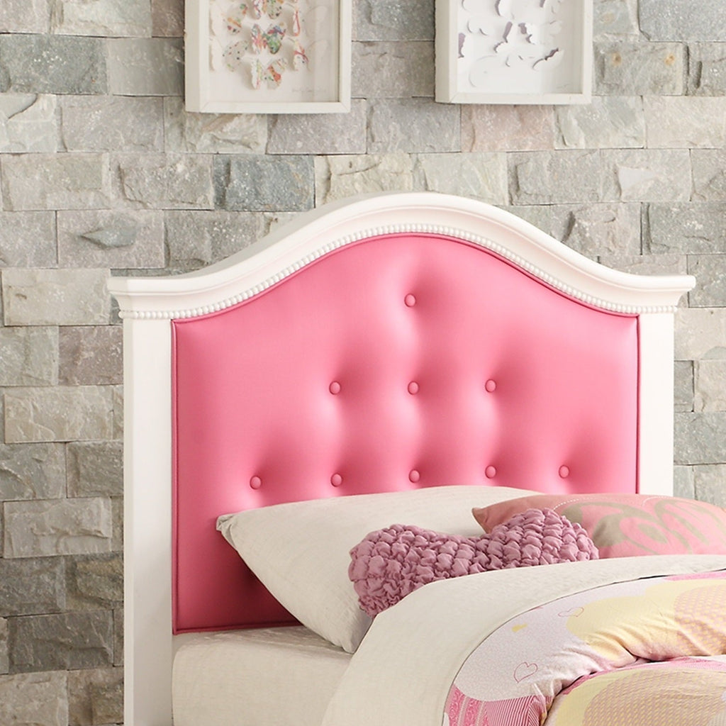 Contemporary Style Twin Size Bed w/ Trundle Slats Pine Plywood Kids Youth Bedroom Furniture Pink Faux Leather Tufted HB