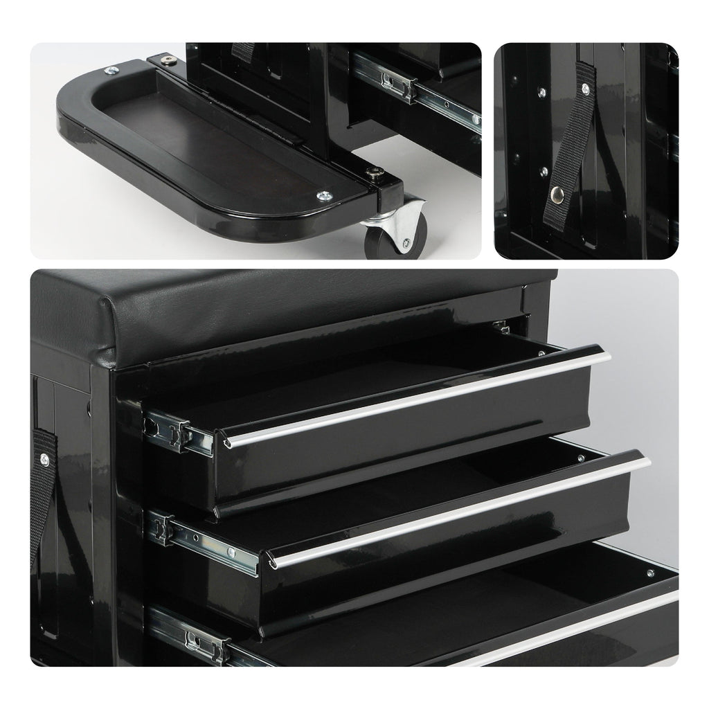3-Drawer Tool Chest Rolling Mechanic Seat with Tool Trays,350lbs Max Weight Capacity,Black