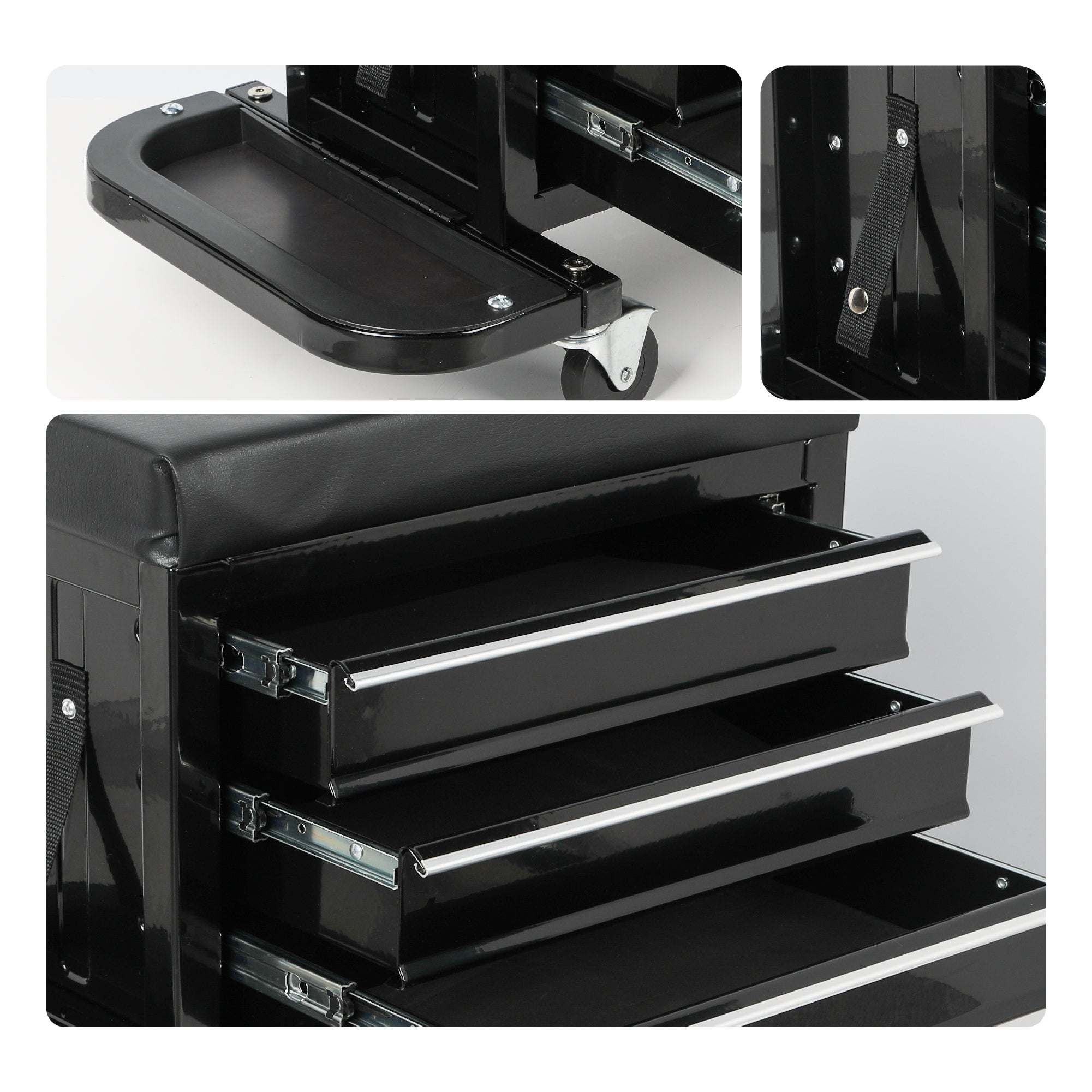 3-Drawer Tool Chest Rolling Mechanic Seat with Tool Trays,350lbs Max Weight Capacity,Black