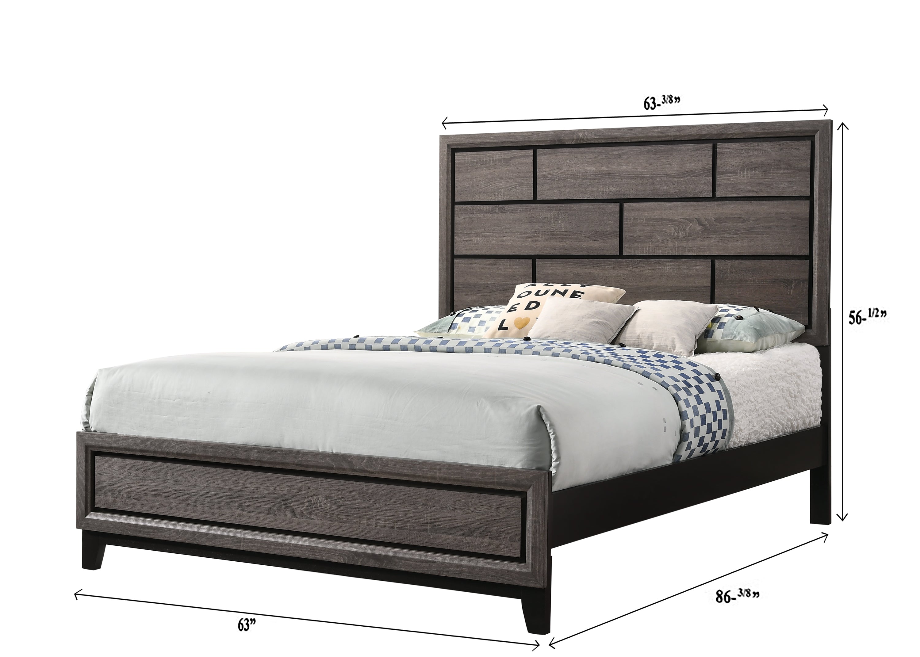 Cotemporary Gray Finish Queen Size Panel Low-profile Bed Geometric Design Wooden Bedroom Furniture
