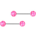 14G 9/16 Pink White Polka Dot UV Ball Barbell Nipple Ring Set