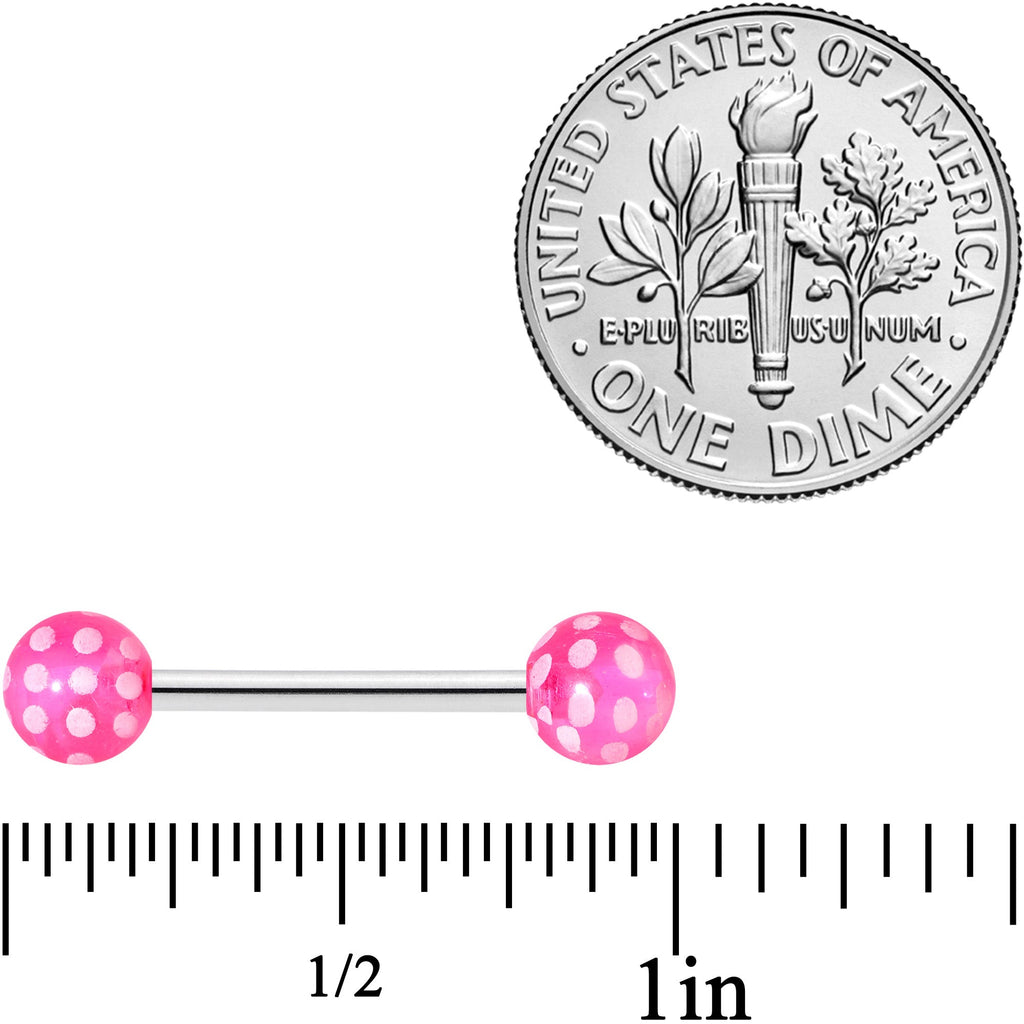 14G 9/16 Pink White Polka Dot UV Ball Barbell Nipple Ring Set
