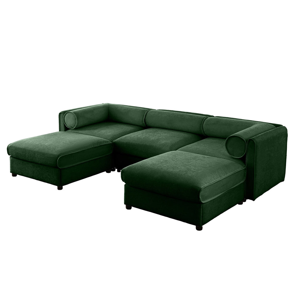 Elegant Green Chenille  Sofa with Storage Seat and Ottoman, U-Shaped 3-Seater Cylindrical Backrest and Armrests, Contemporary 3-Seater Fabric Couch with Hidden Storage Compartment