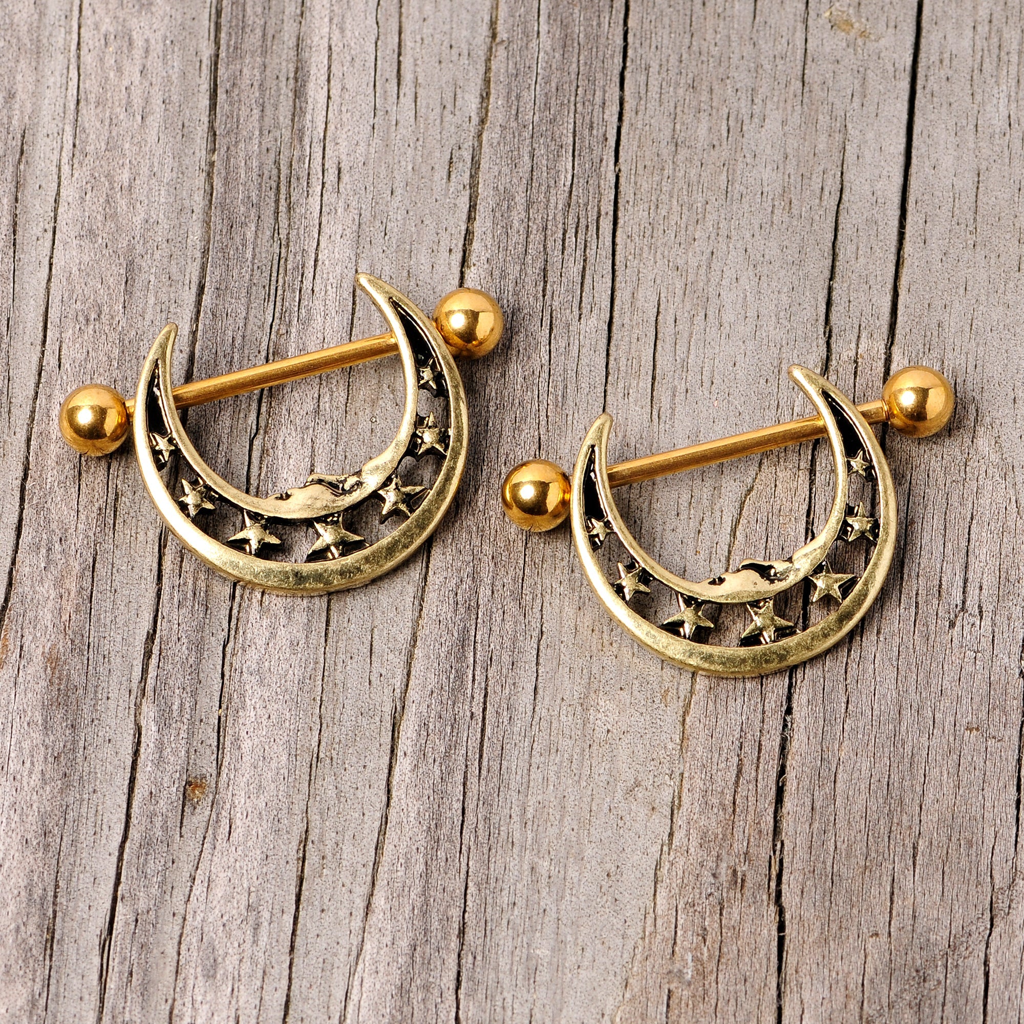 14G 7/8 Gold Tone Starry Crescent Moon Nipple Shield Set