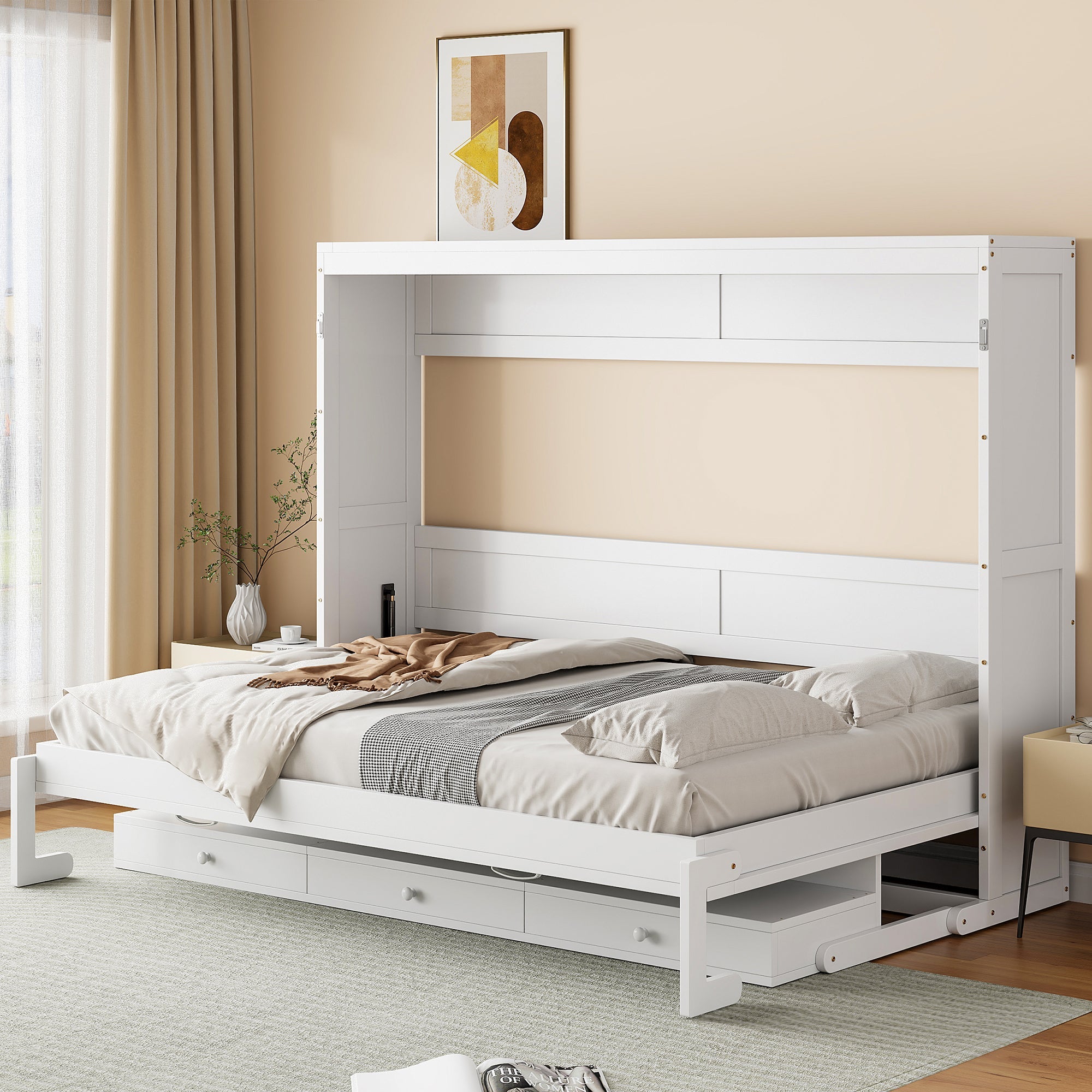 Queen Size Wall Murphy Bed with Storage, Foldable Cabinet Bed with Vanity Desk, Center Mirror & 2 Side Drawers, White