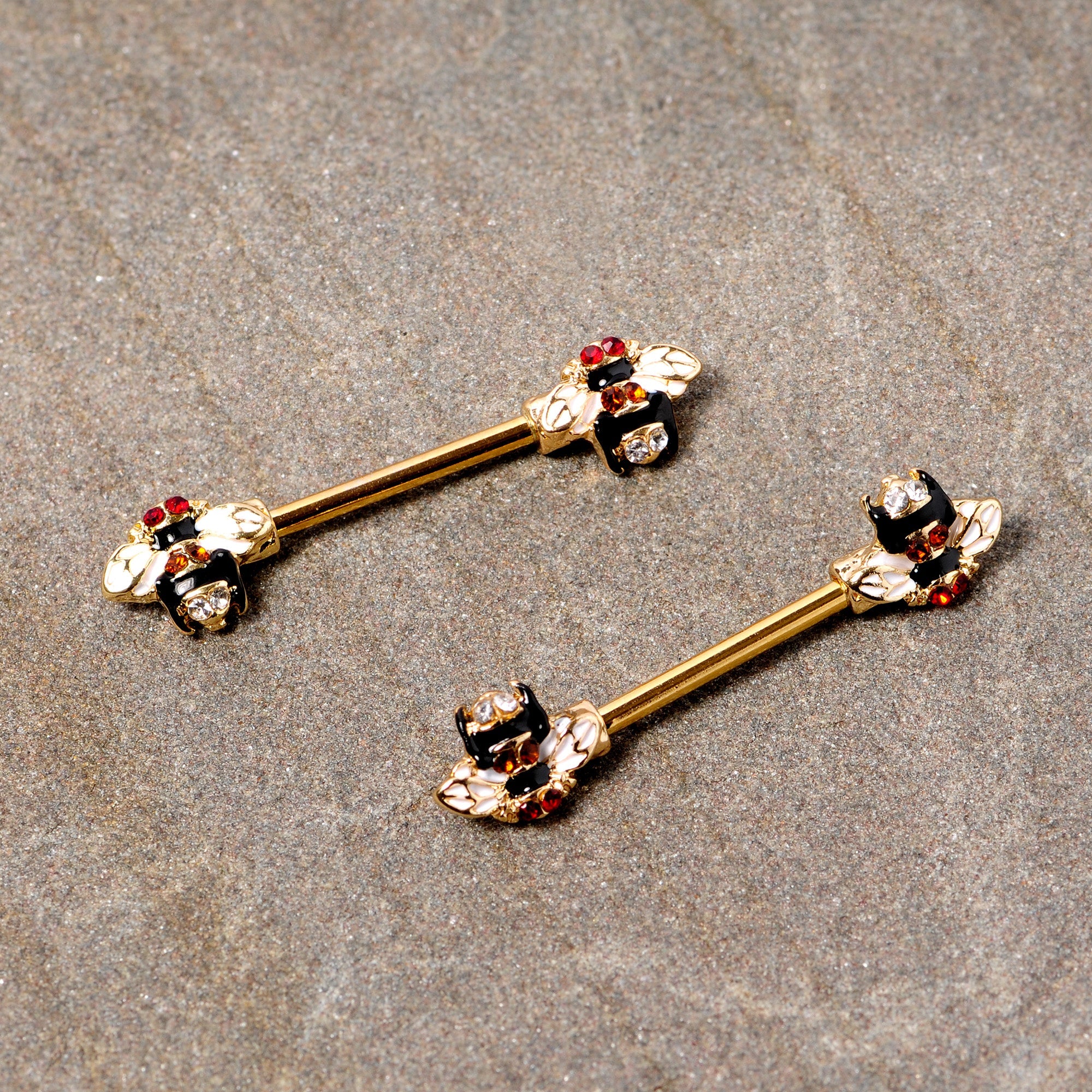 14G 9/16 Clear Yellow Gem Gold Tone Bee Barbell Nipple Ring Set