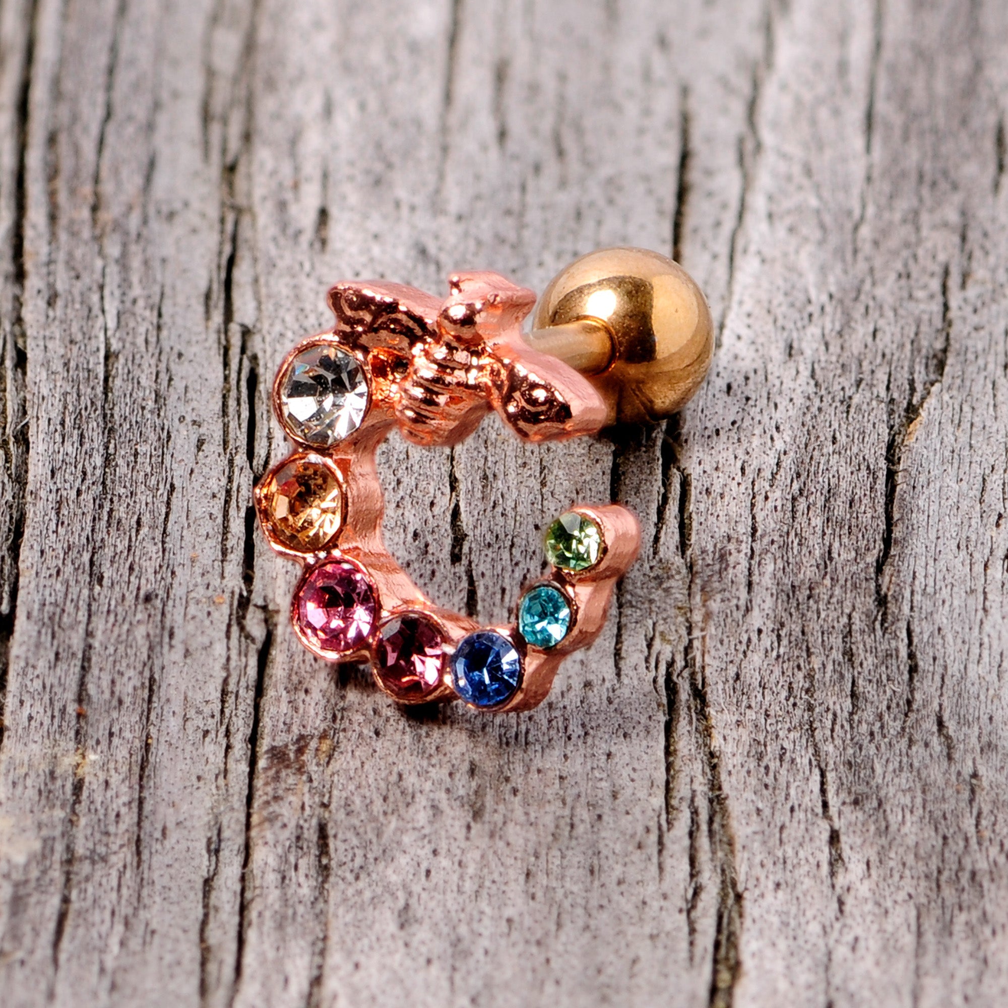 16G 1/4 Multicolor Gem Rose Gold Tone Bee Cartilage Tragus Earring