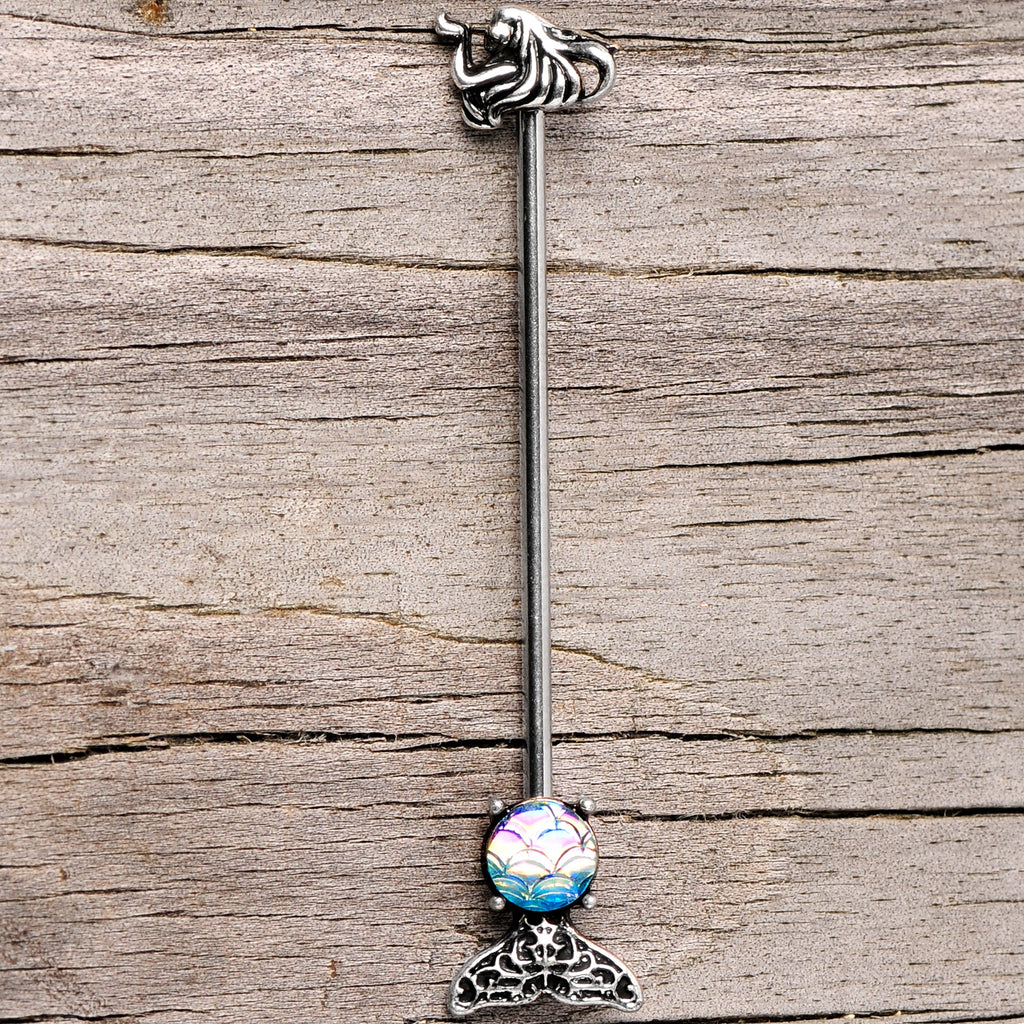 14G Blue Mermaid Scale Tail Industrial Barbell 38mm