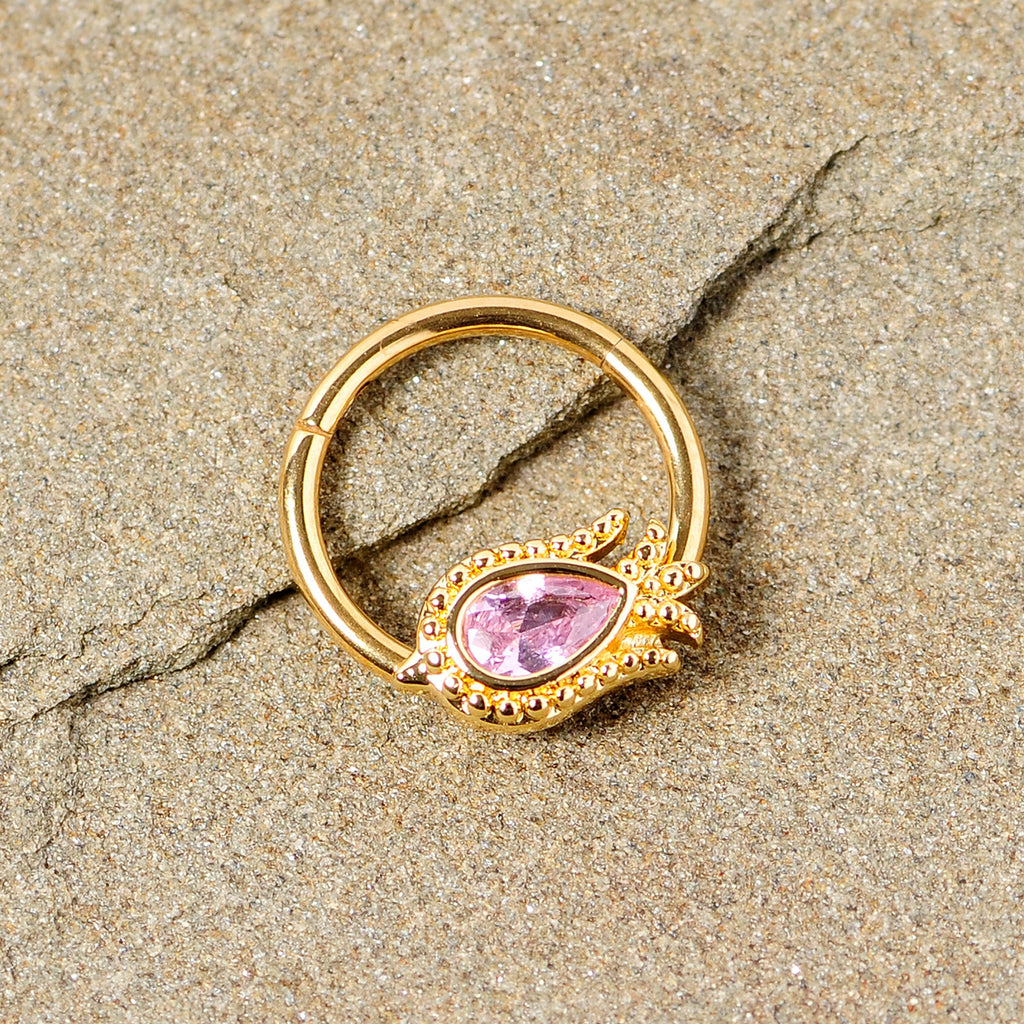 16G 3/8 Pink Gem Gold Tone Tulip Flower Hinged Segment Ring