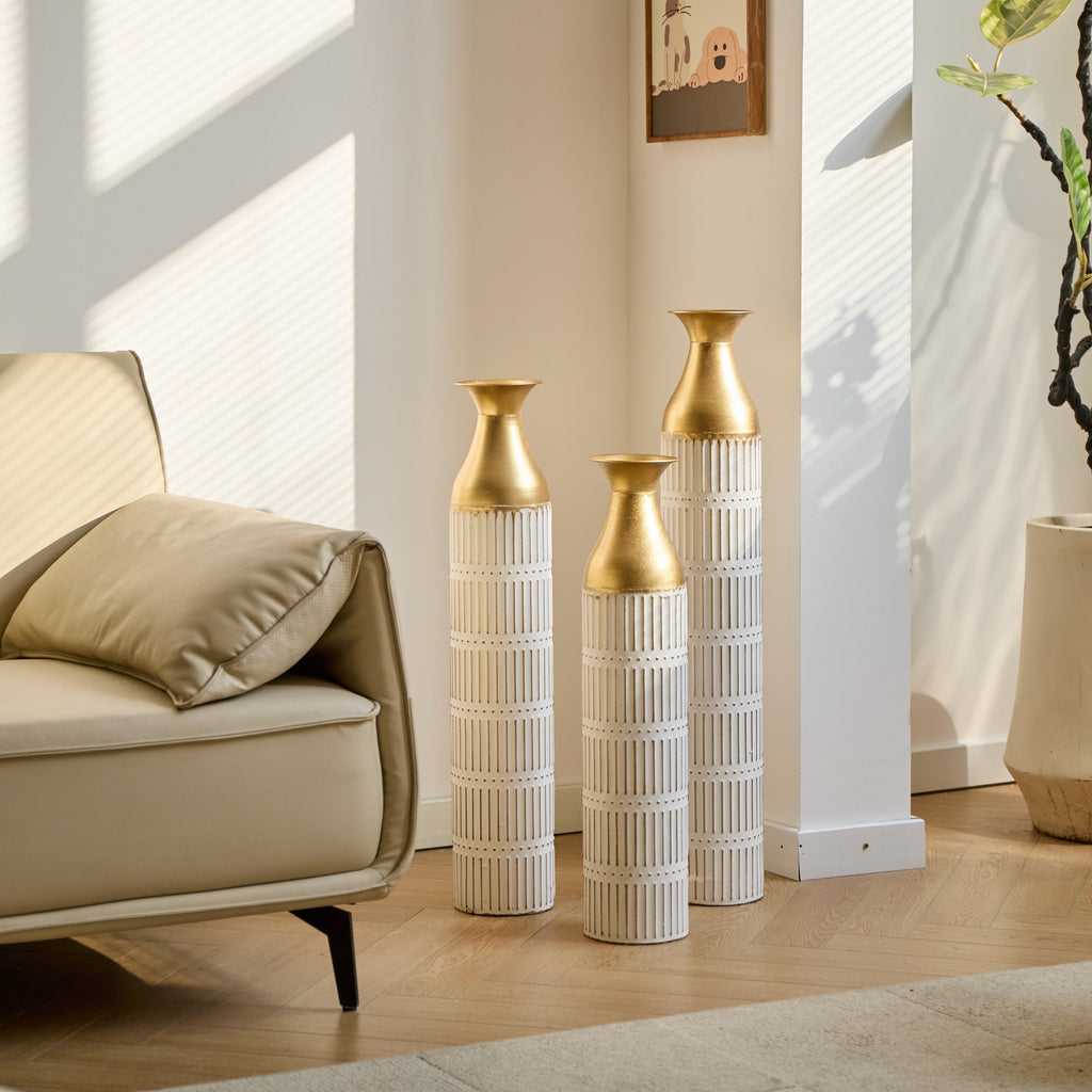 Floor Metal Vases Decorated White Metal Vases Set of 3 Gorgeous Home Decoration Large Glazed Metal Vases 24in/28.7in/33.5in Height