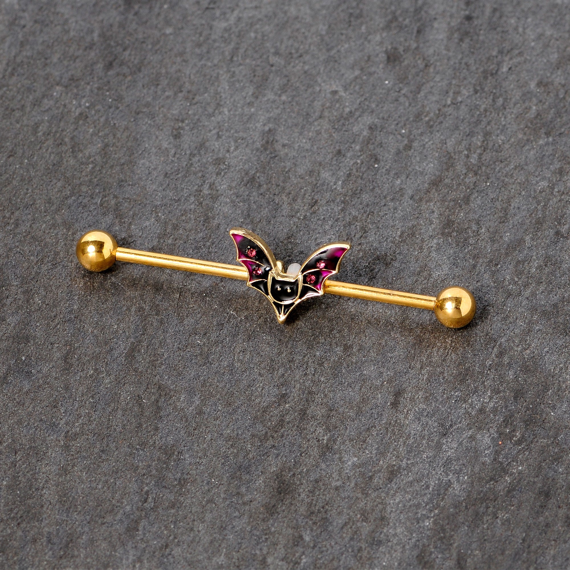14G Pink Gem Gold Tone Vamp Bat Halloween Industrial Barbell 38mm