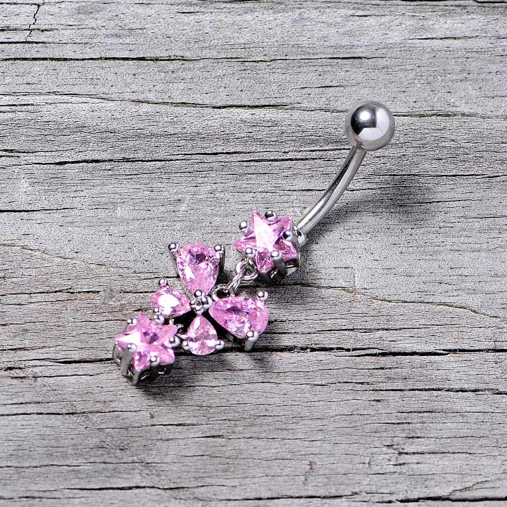 Pink Gem Star Bow Dangle Belly Ring