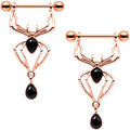 9/16 Rose Gold Tone Black Gem Spider Halloween Dangle Nipple Ring Set