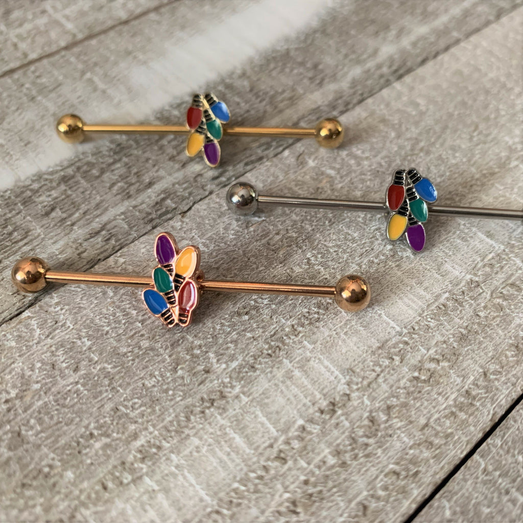 14G Gold Tone Christmas Lights Industrial Barbell 38mm