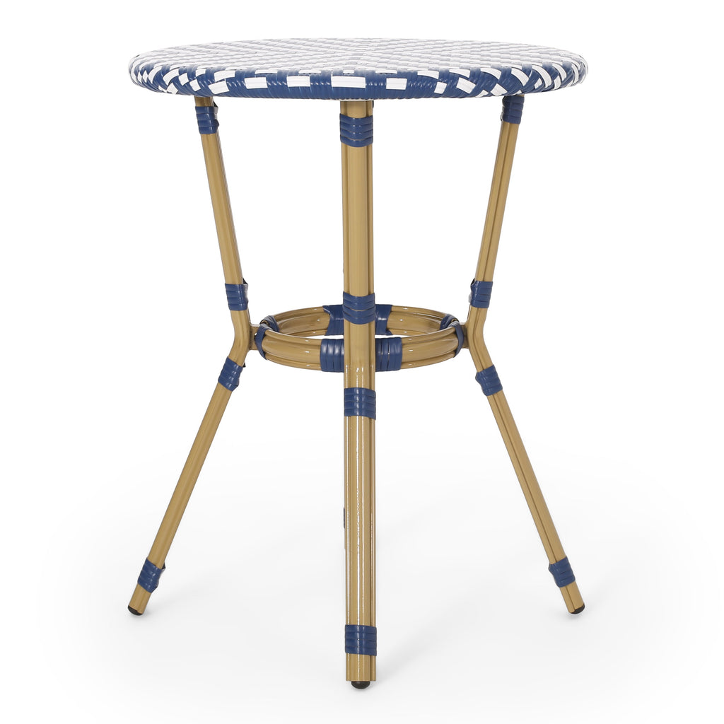 French Bistro Table Outdoor Elegance White+Blue Rattan 21.75x21.75x28.50 inches