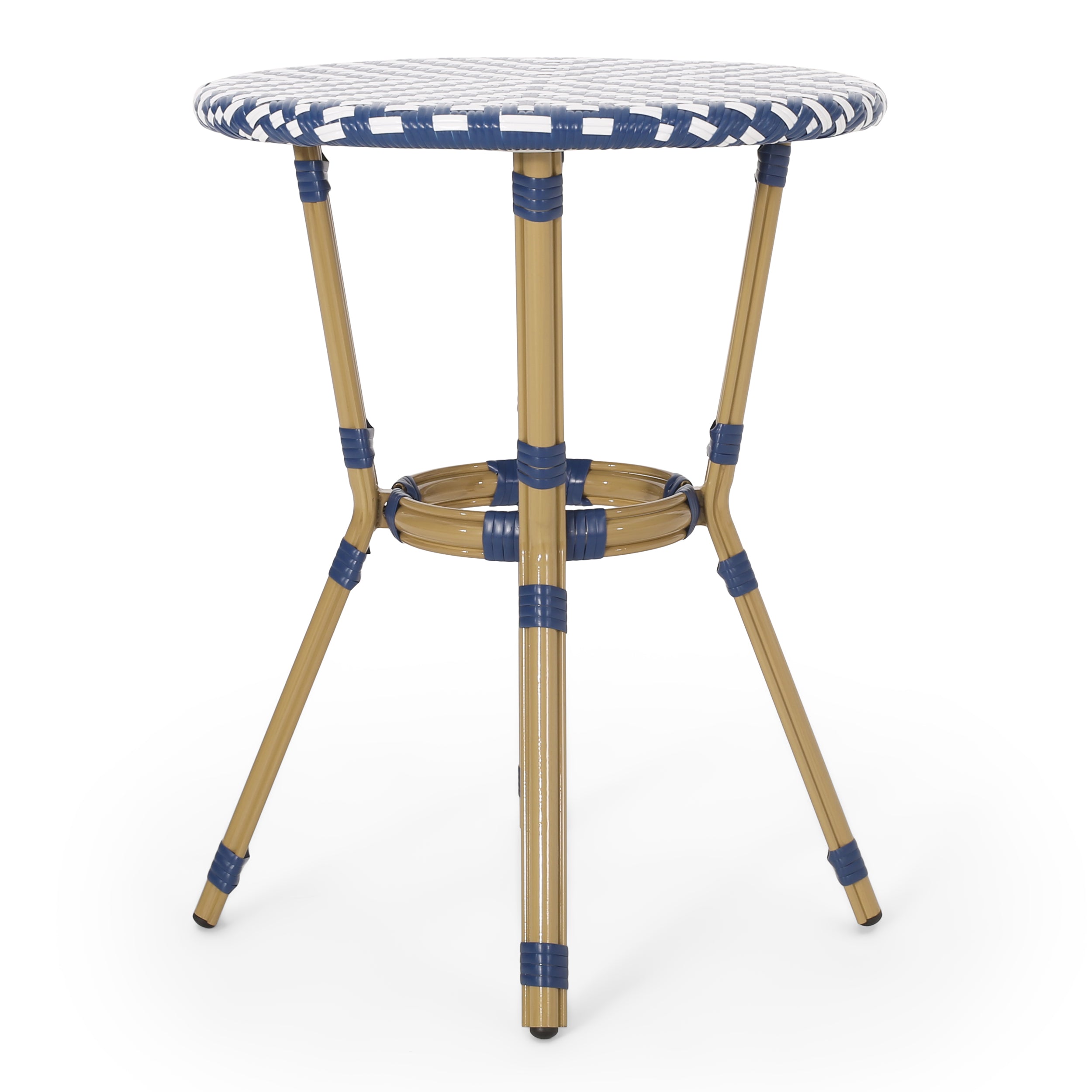 French Bistro Table Outdoor Elegance White+Blue Rattan 21.75x21.75x28.50 inches