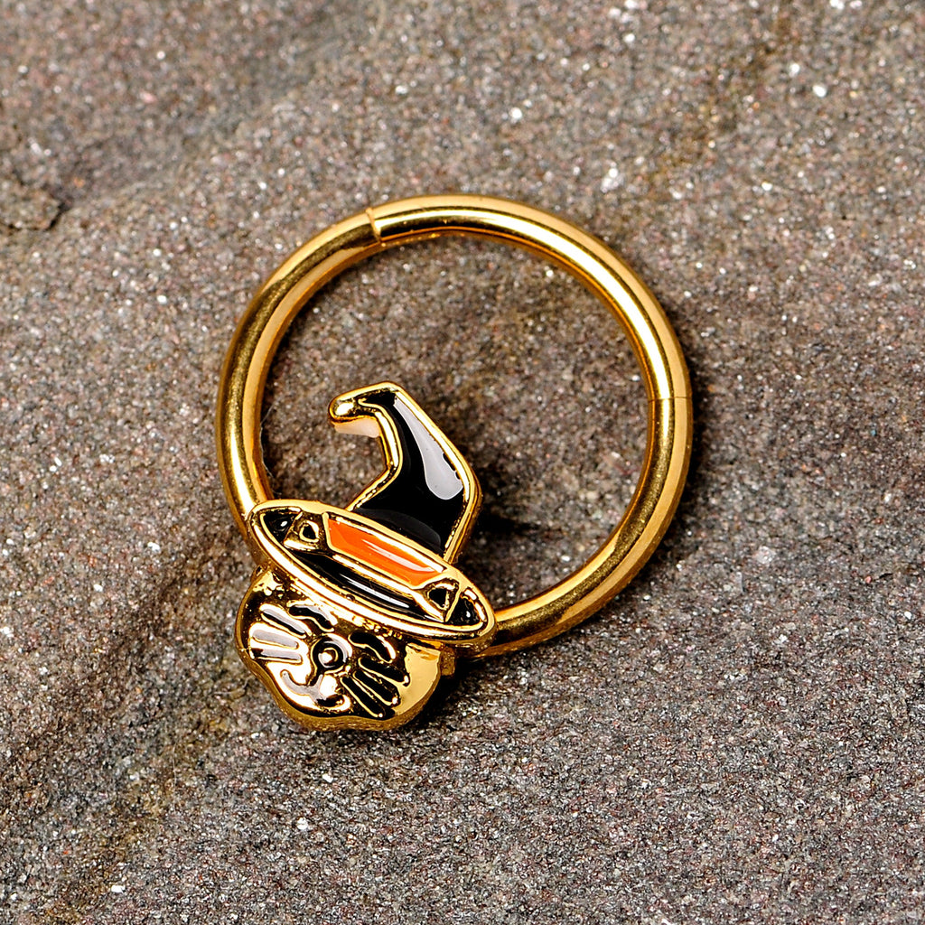 16G 3/8 Gold Tone Witch Hat Cat Halloween Hinged Segment Ring