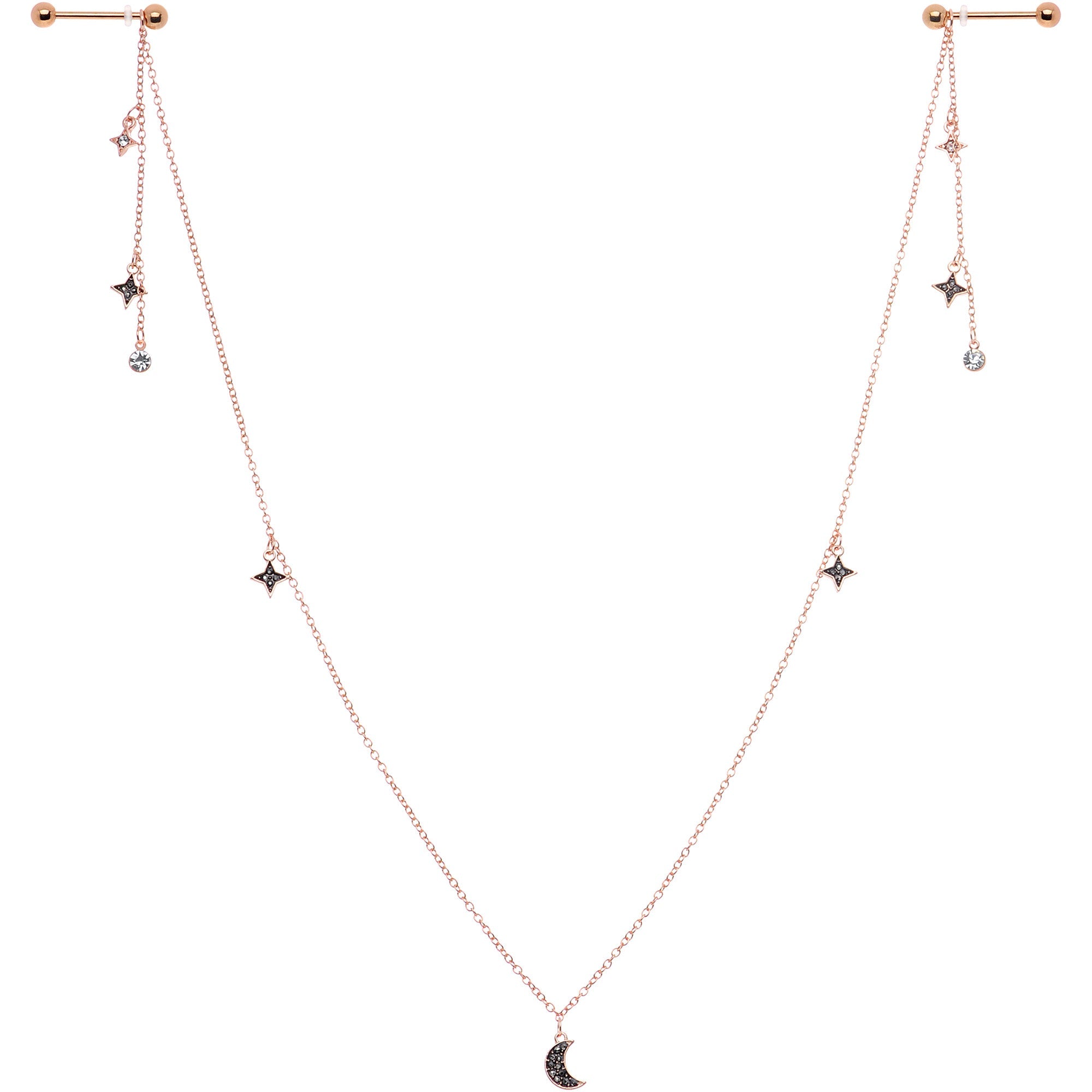 14G 9/16 Black Gem Rose Gold Tone Moon Dangle Nipple Chain