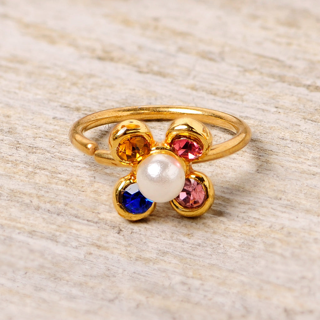 20G 5/16 Pink Blue Gem Gold Tone Flower Nose Hoop