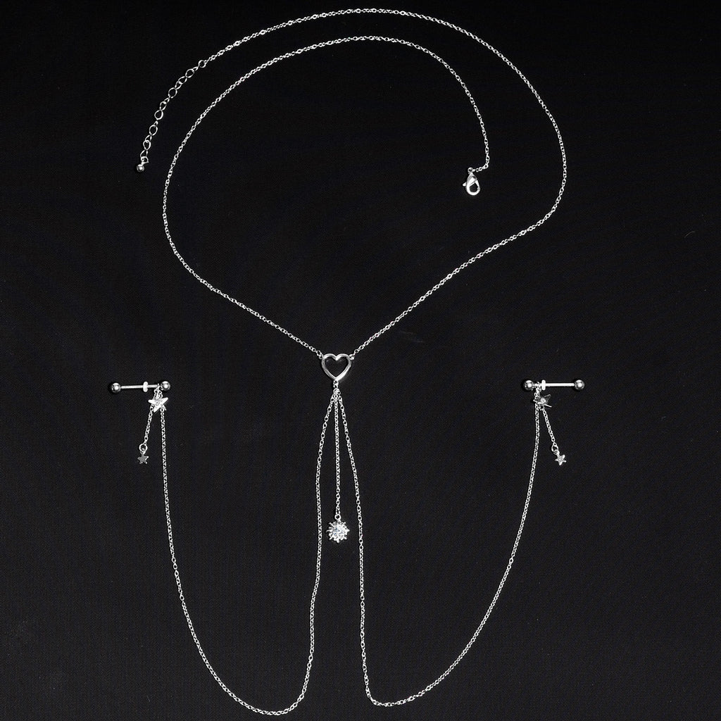 14G 5/8 Clear Gem Sun Heart Star Nipple Chain Necklace
