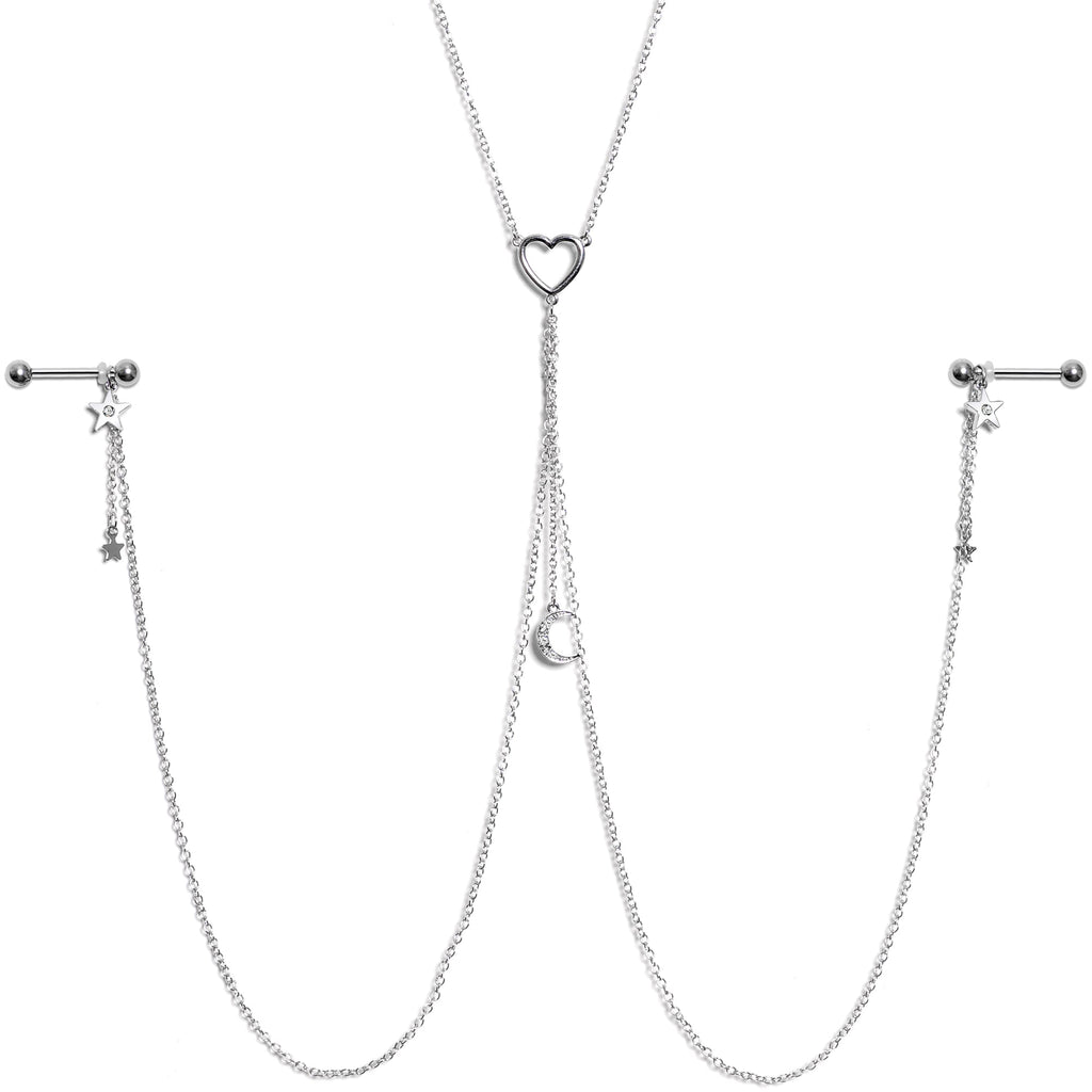 14G 5/8 Clear Gem Moon Heart Star Nipple Chain Necklace