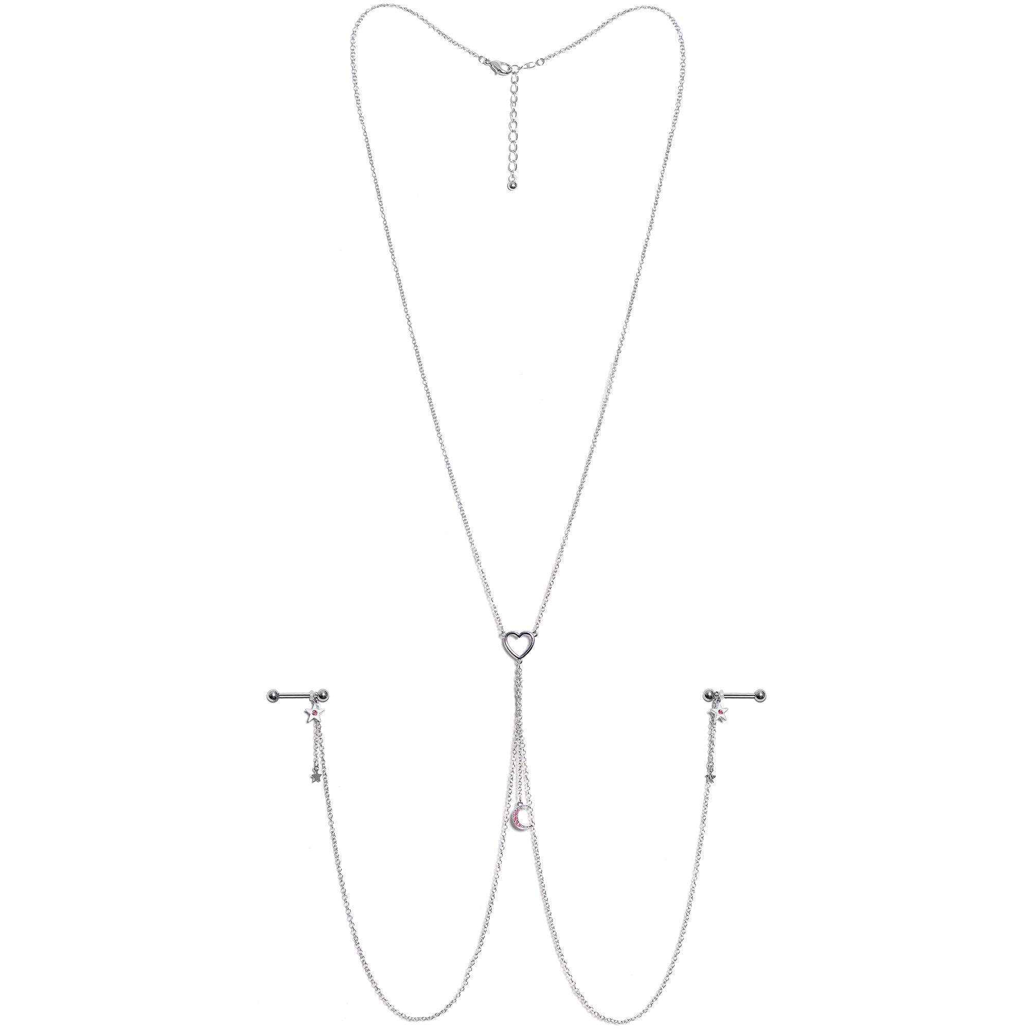 14G 5/8 Pink Gem Moon Heart Star Nipple Chain Necklace