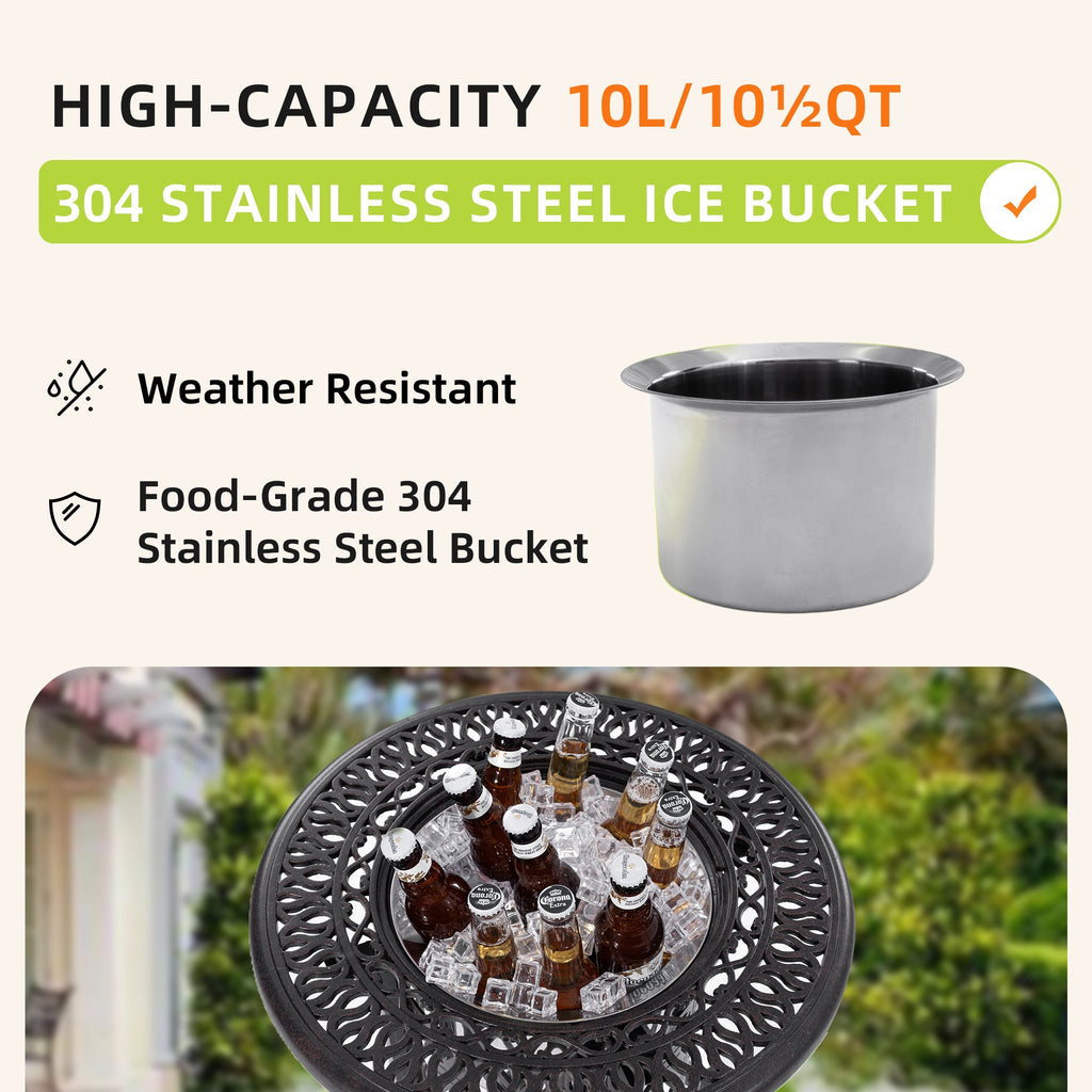 21-Inch Side Table with Removable Ice Bucket, Antique Bronze Aluminum Frame, Hand-Brushed Finish, Food-Grade Stainless Steel Bucket for Indoor & Outdoor Use