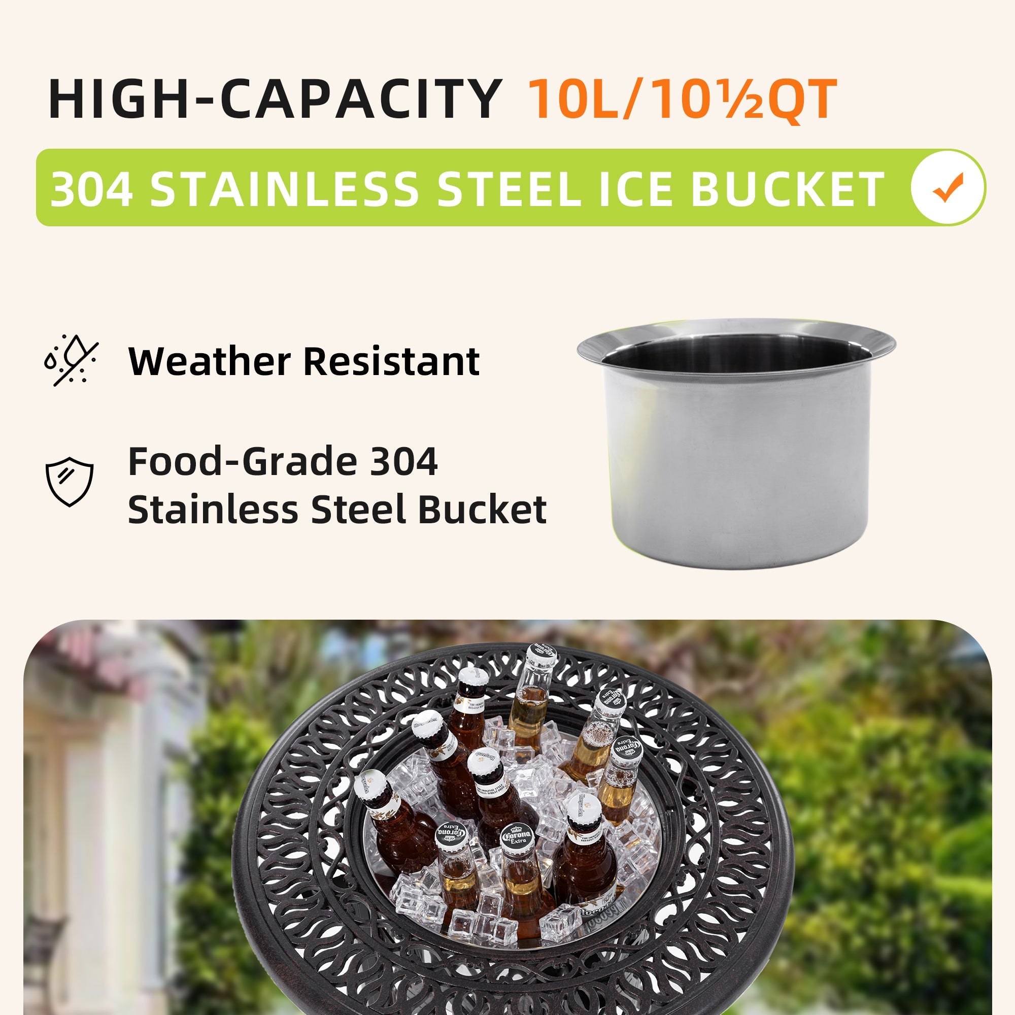 21-Inch Side Table with Removable Ice Bucket, Antique Bronze Aluminum Frame, Hand-Brushed Finish, Food-Grade Stainless Steel Bucket for Indoor & Outdoor Use