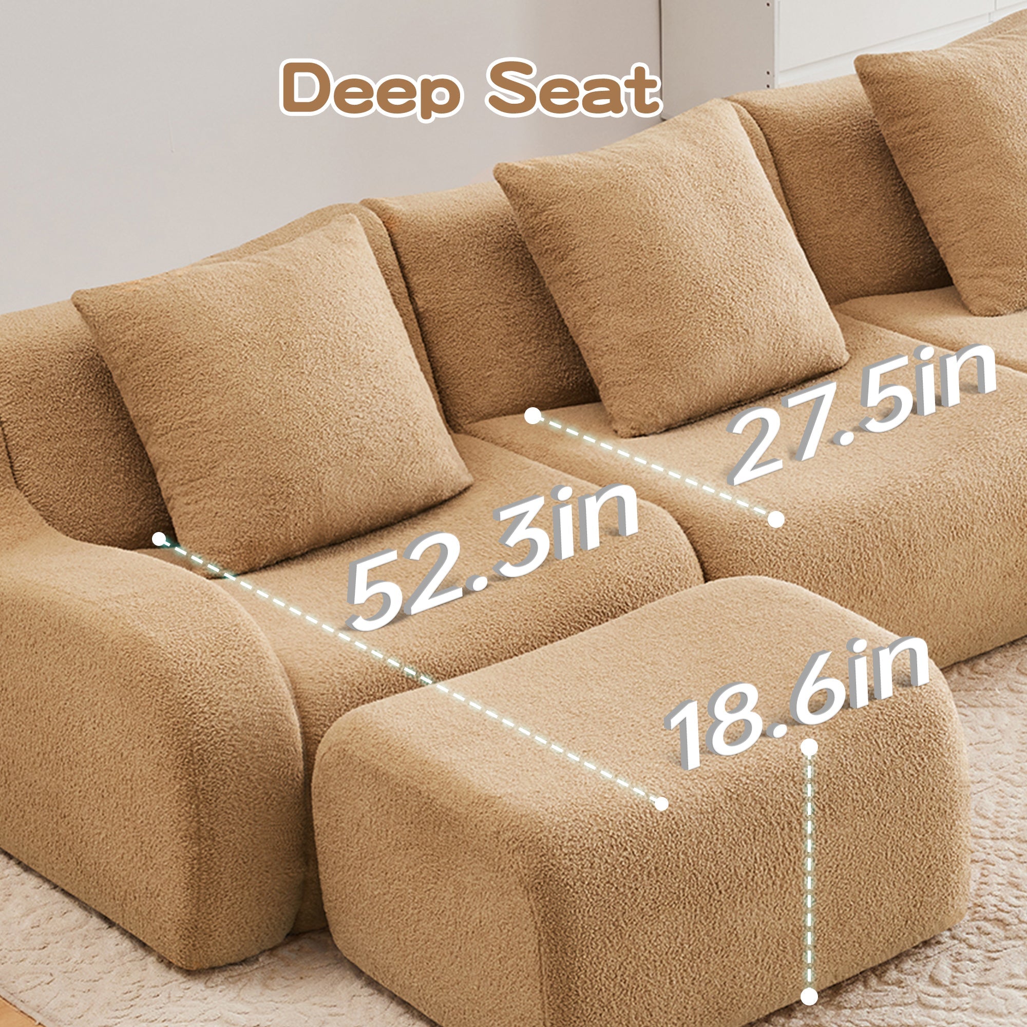 U-Shaped Boneless Sofa,Teddy Fabric No assembly required   Curved armrest,Anti-slip Design,Streamlined Design 32D High Density Sponge,Full Compression Vacuum Packag,For Studies living Rooms,Camel