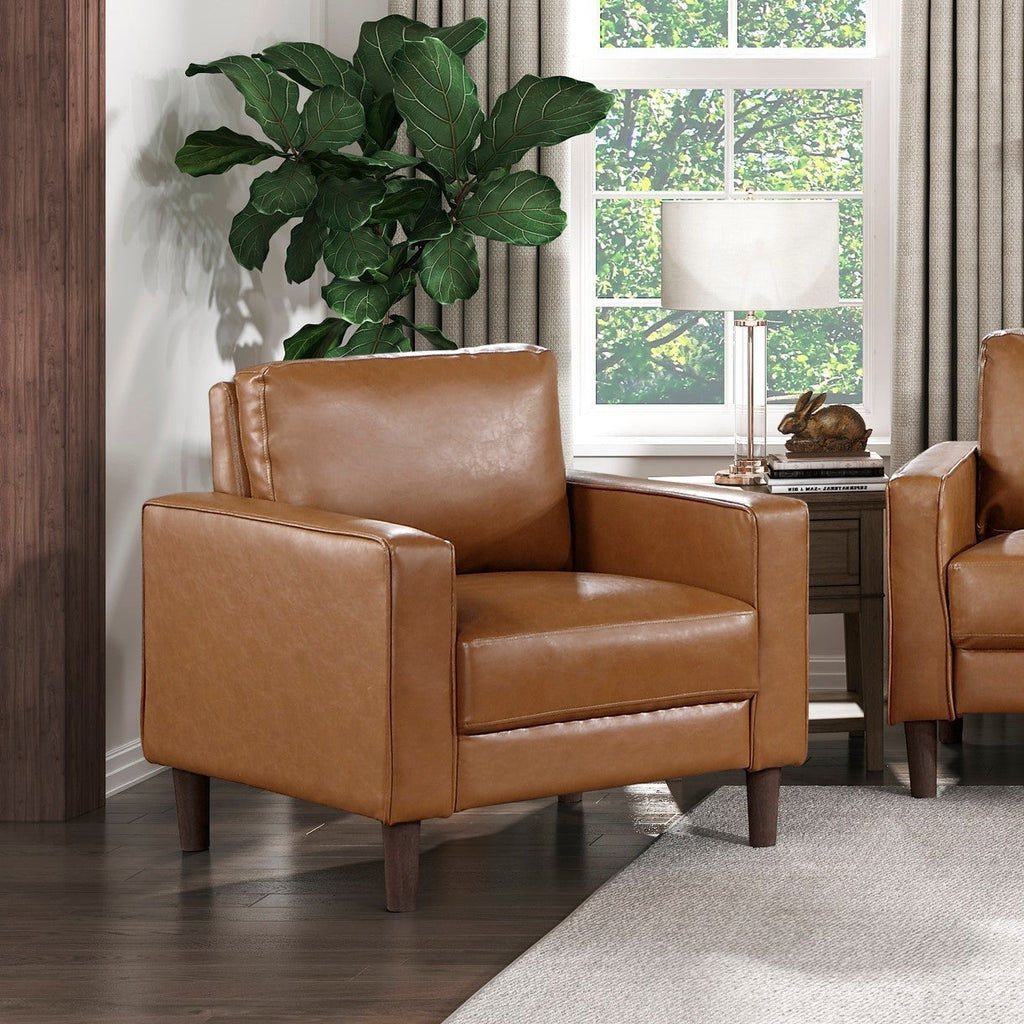 Modern Living Room Furniture 3pc Set Sofa Loveseat Chair Brown Faux Leather Upholstered Cushion Back Seat Solid Wood