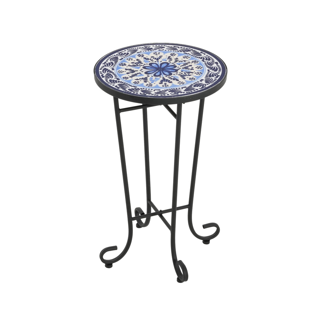 French Country Patio Side Table with Vibrant Tile Top, Blue and Black, Ceramic Tile and Iron, 14x14x23.25 Inches