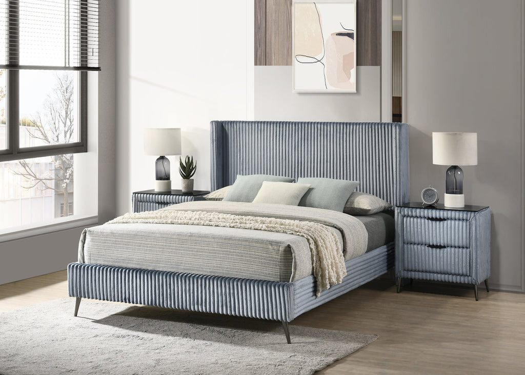 Mavela Wide Wale Corduroy Upholstery Panel Queen Bed with 2 Nightstands, Blue
