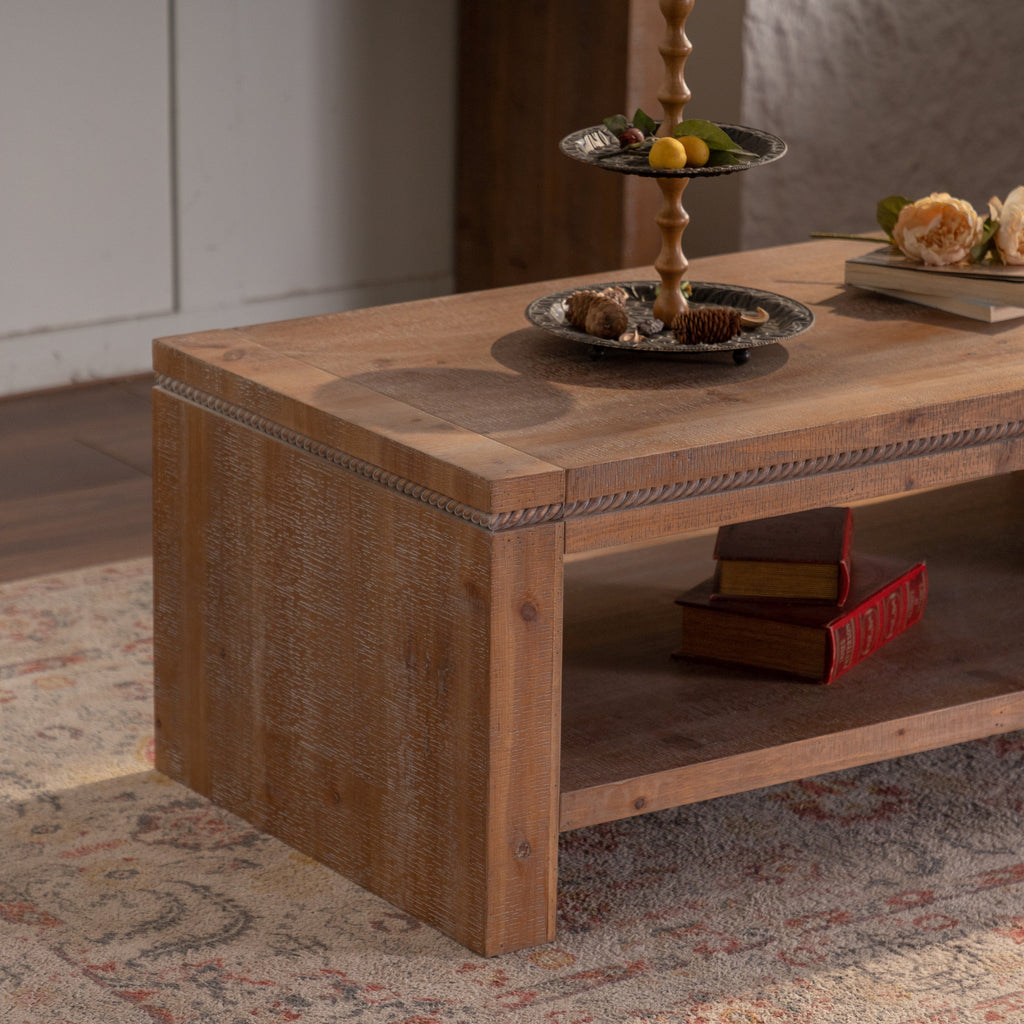 Solid wood,Rectangle Coffee Table with Solid Wood for Living Room, Large 2-Tier Rustic Coffee Table with Storage Shelf, Office and Apartment, Easy Assembly