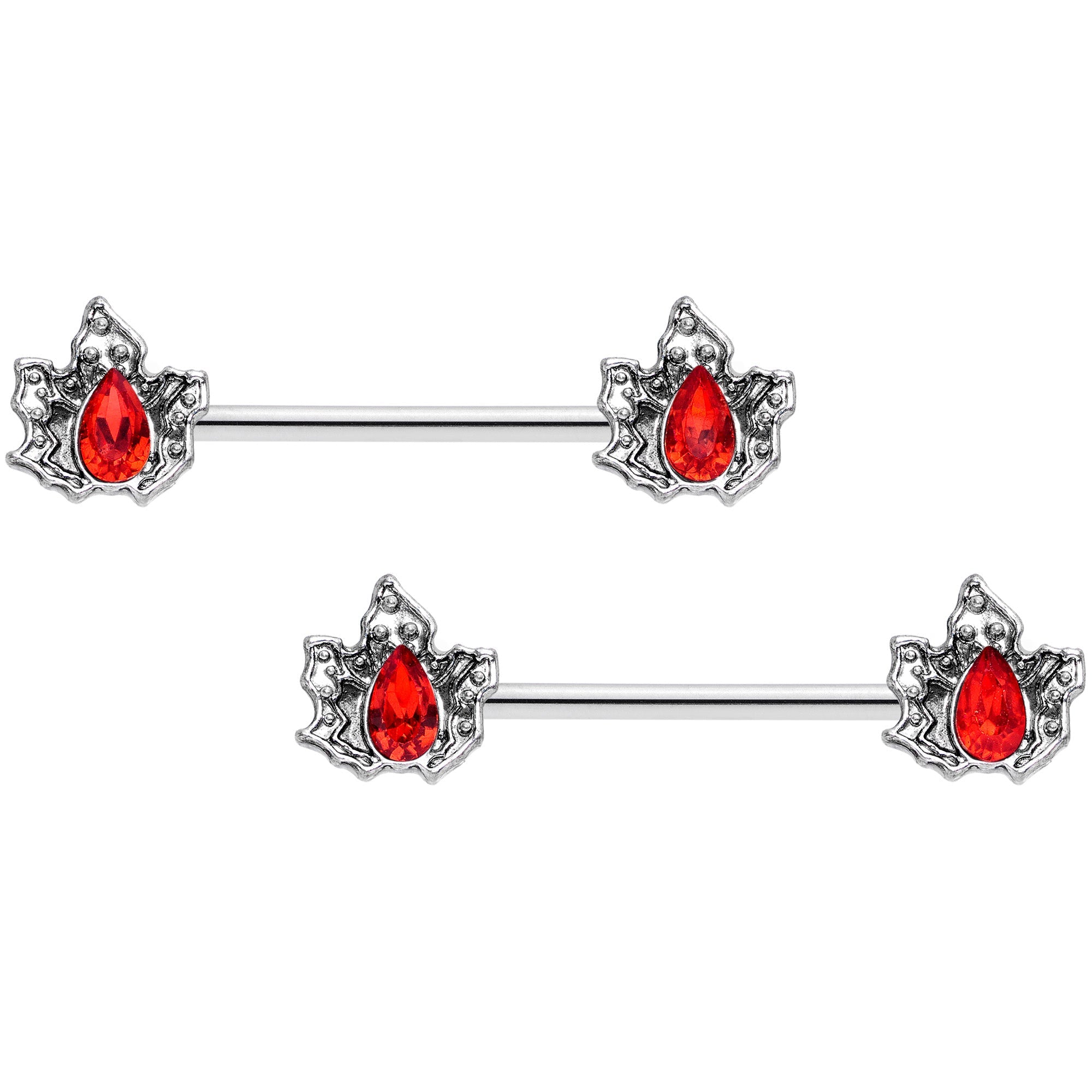 14G 5/8 Red Gem Holly Leaf Holiday Barbell Nipple Ring Set