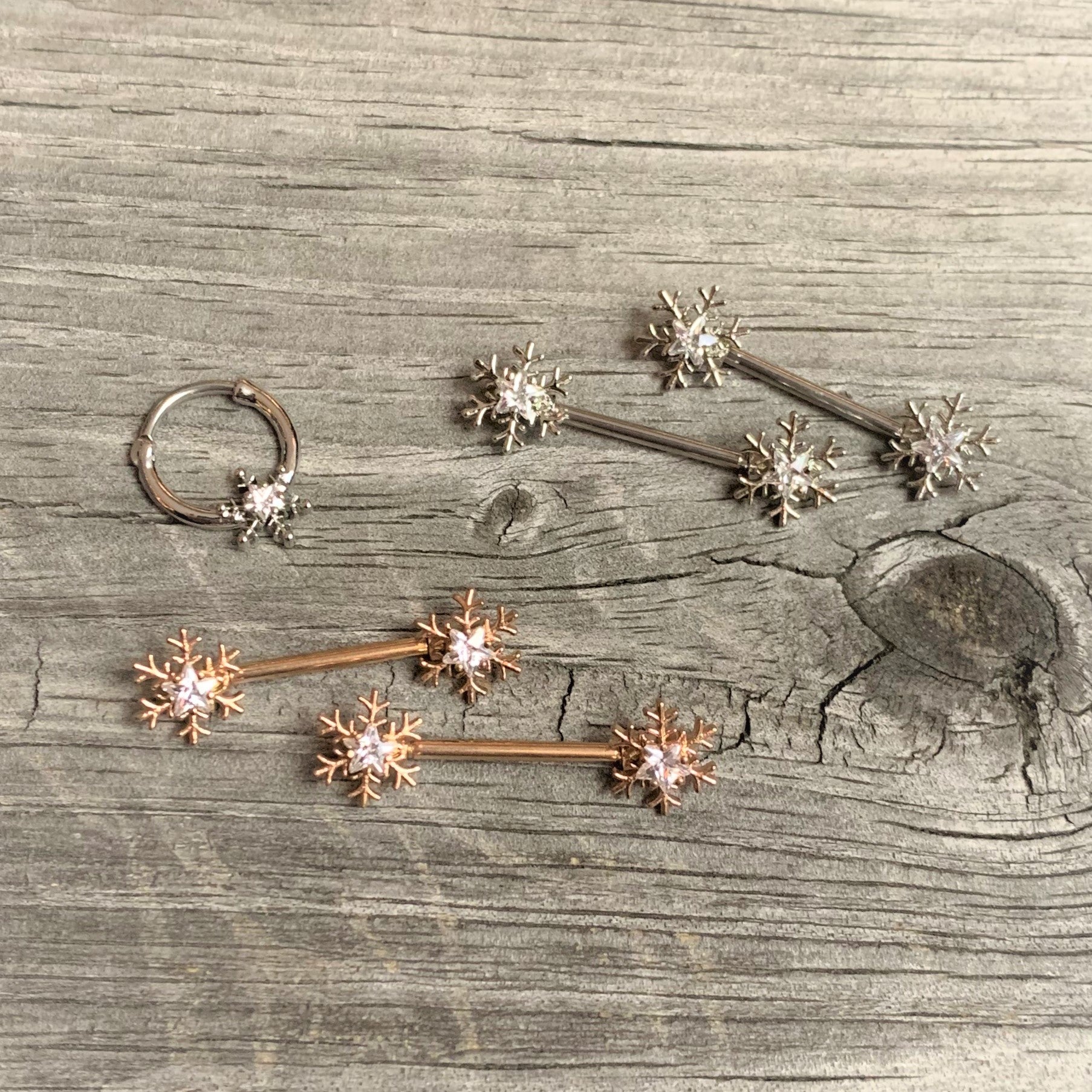 14G 5/8 Clear Gem Rose Gold Hue Snowflake Barbell Nipple Ring Set