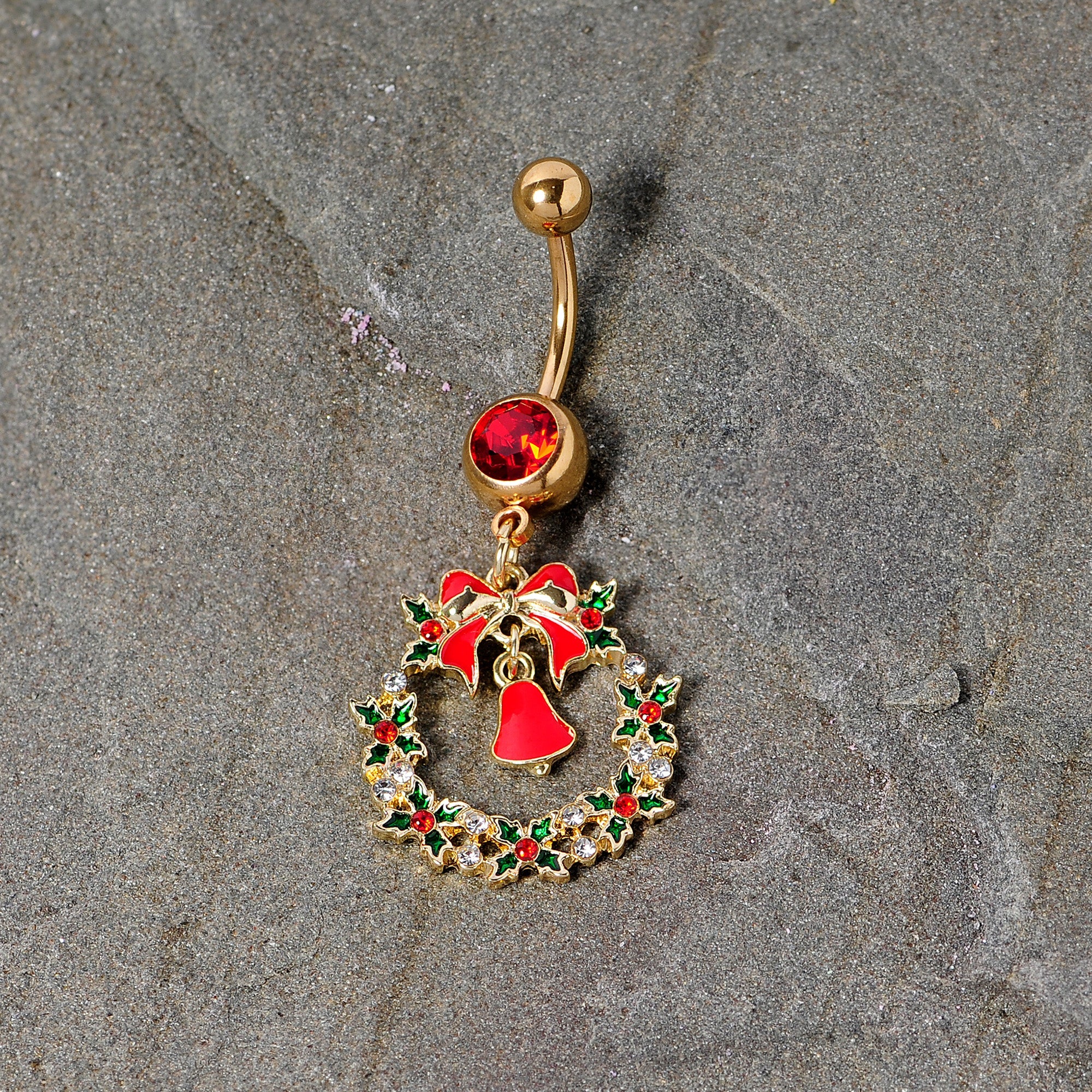 Red Gem Gold Tone Holiday Bell Wreath Christmas Dangle Belly Ring