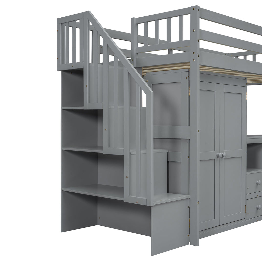Twin Size Loft Bed with Stairs, Bookshelf, Drawers, Desk & Wardrobe – Space-Saving Multifunctional Furniture for Kids & Teens-Gray