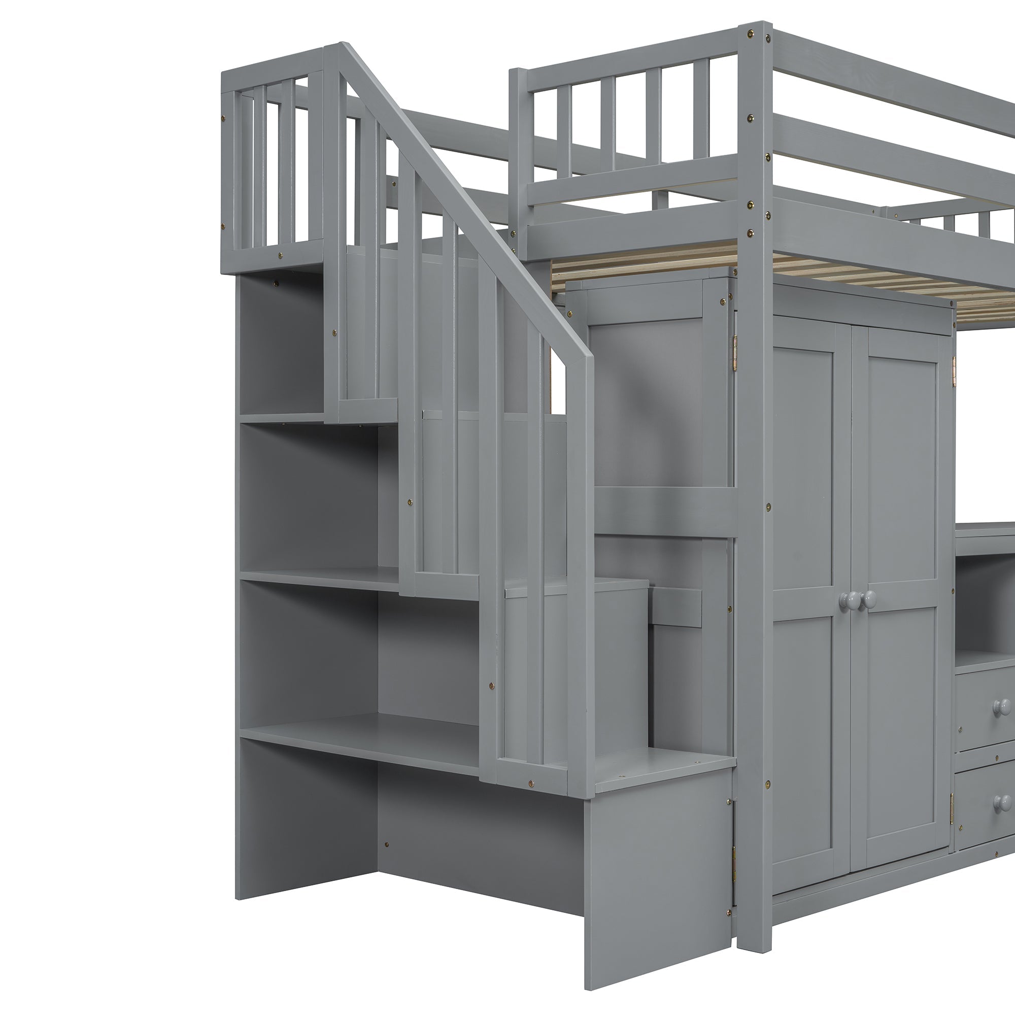 Twin Size Loft Bed with Stairs, Bookshelf, Drawers, Desk & Wardrobe – Space-Saving Multifunctional Furniture for Kids & Teens-Gray