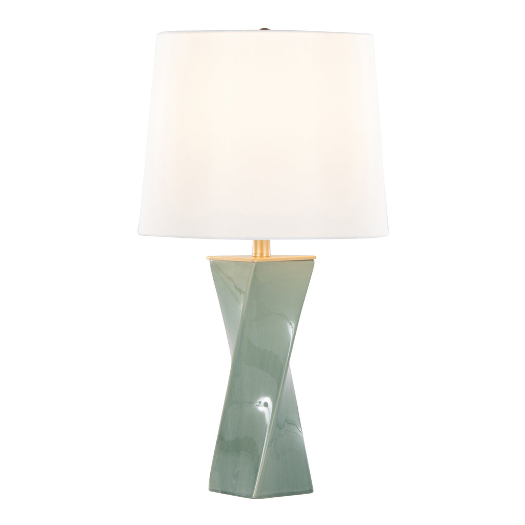 Curvo Square Contemporary 27' Ceramic Table Lamp in Sage Green Ceramic, Gold Metal, and White Linen by LumiSource