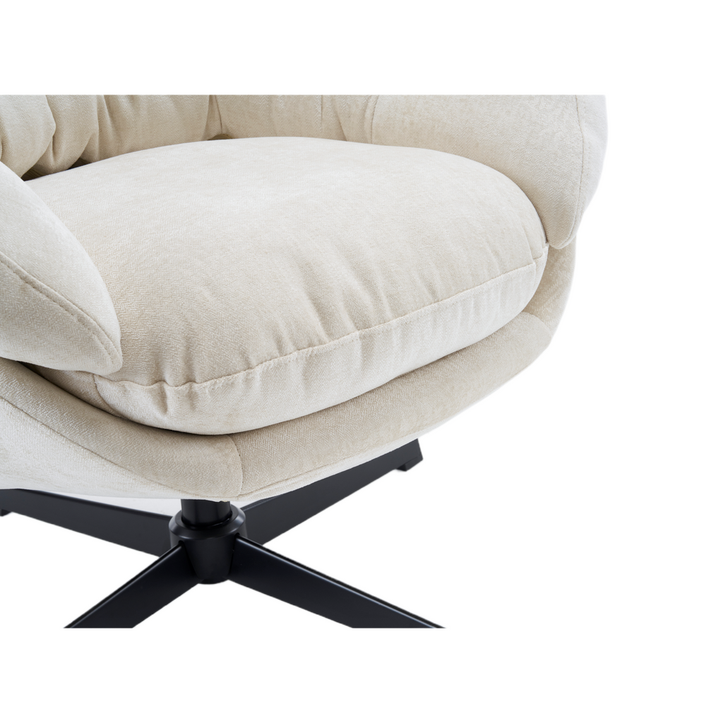 Modern Chenille Office Chair, 360° Swivel Club Chair/Accent Chair with Removable Cushion, Round Office Chair, Black Metal Base, Cotton Material, Living Room, Bedroom, Reading Corner, Office (Beige)