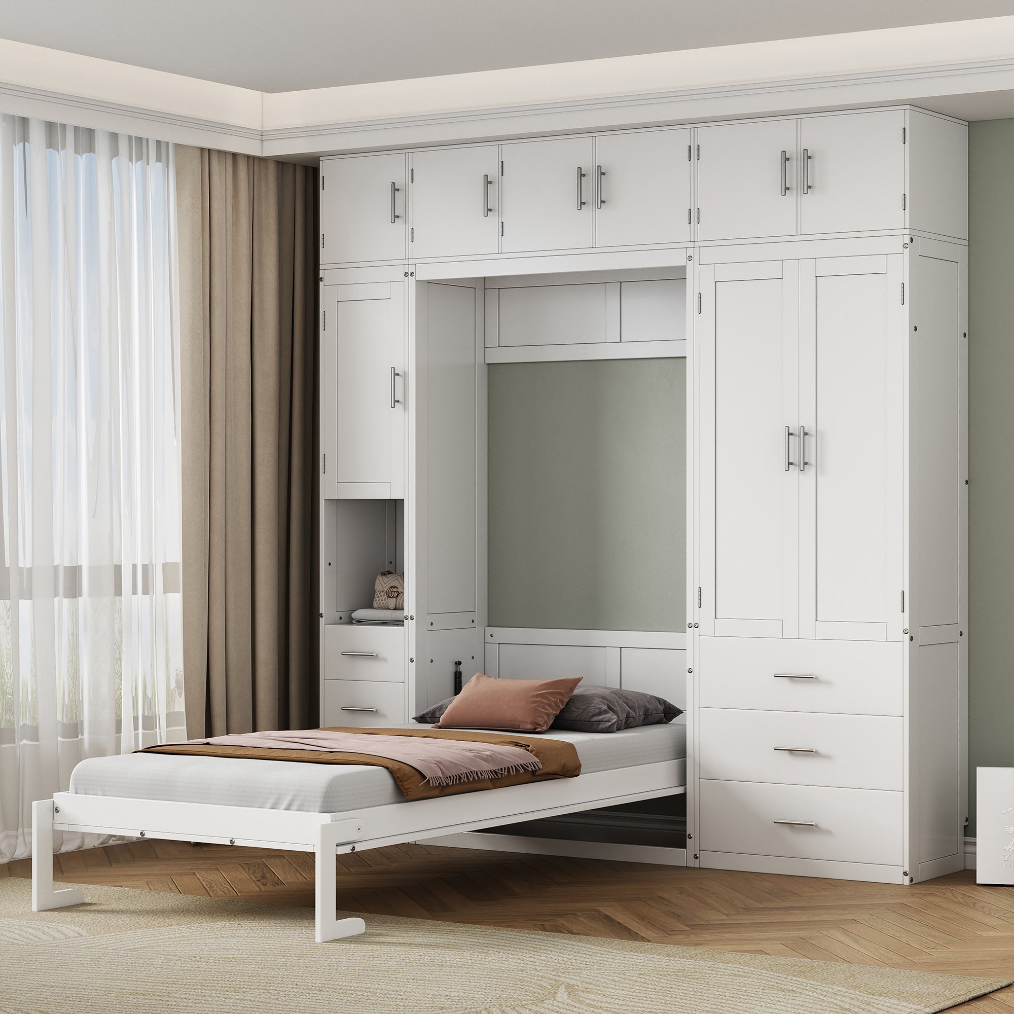 White Twin Size Murphy Bed with Lockers and Wardrobes, MDF+Pine, 93.2''L x 15.7''W x 99''H