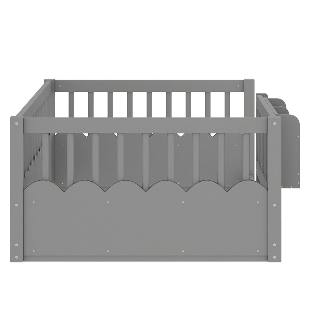 Twin Floor bed with Heightened Fence and bookshelf ,Wood Floor Bed for Kids, Gray.