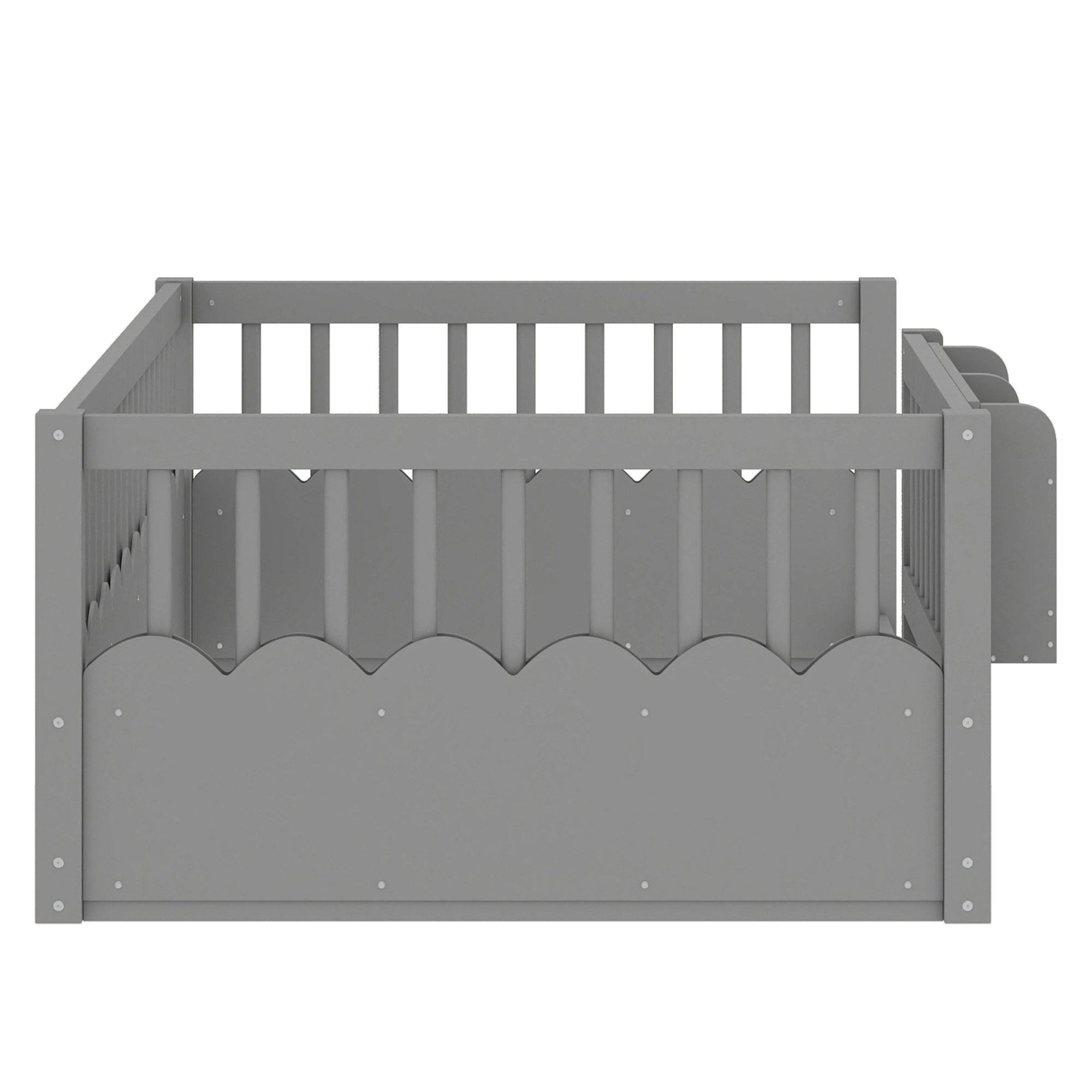 Twin Floor bed with Heightened Fence and bookshelf ,Wood Floor Bed for Kids, Gray.