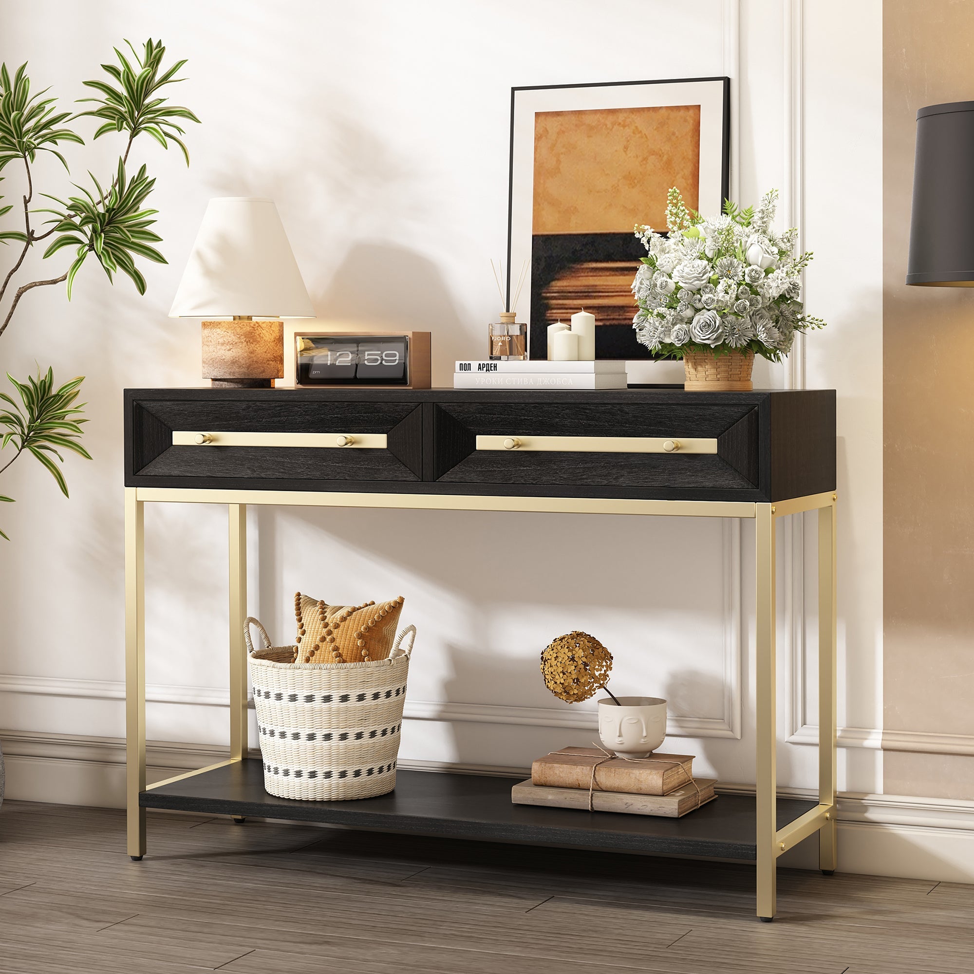 TREXM Entryway Table, Console Table with Two Drawers, Retro Hallway Table with Striking Geometric Design for Entryway and Living Room (Black)