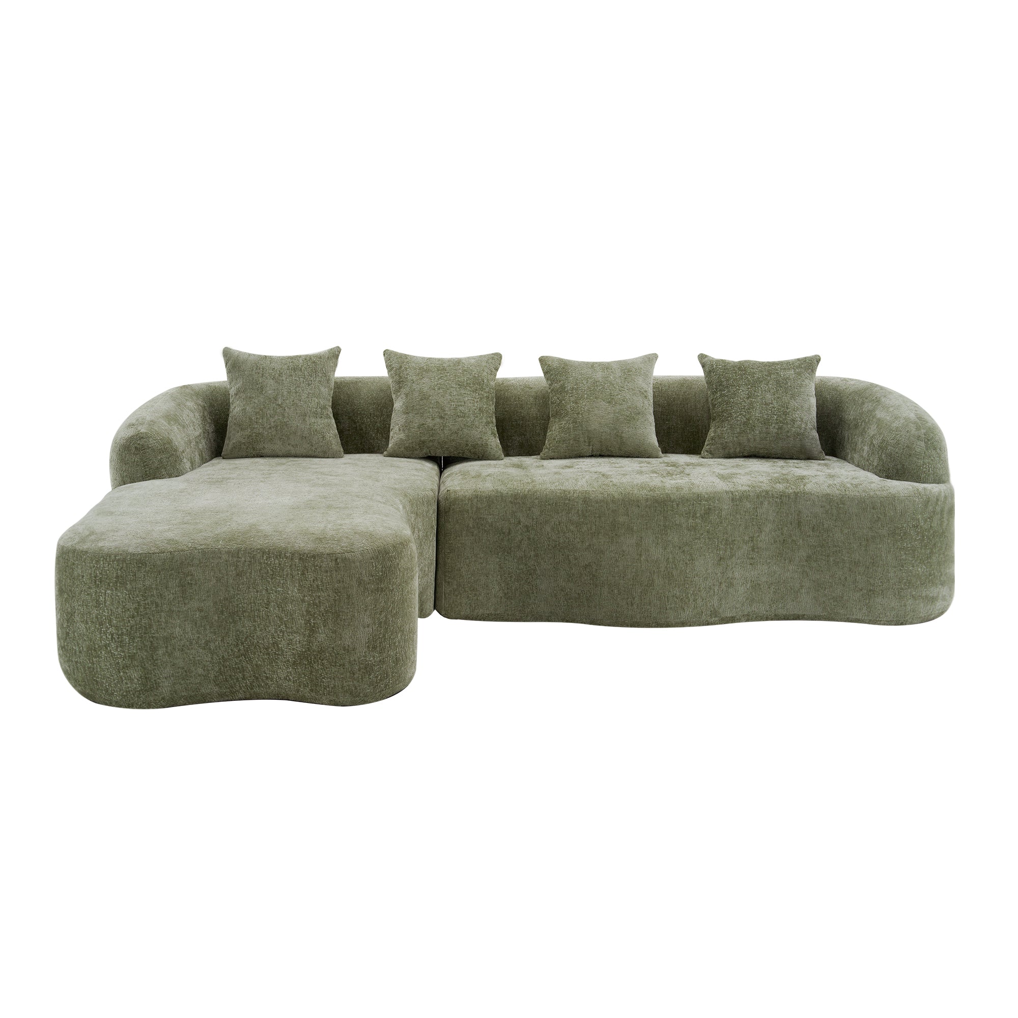 Full Compression L-Shape Sectional Sofa with Curved Chaise, Green Modular Chenille Couch, High-Density for Apartment Living Room