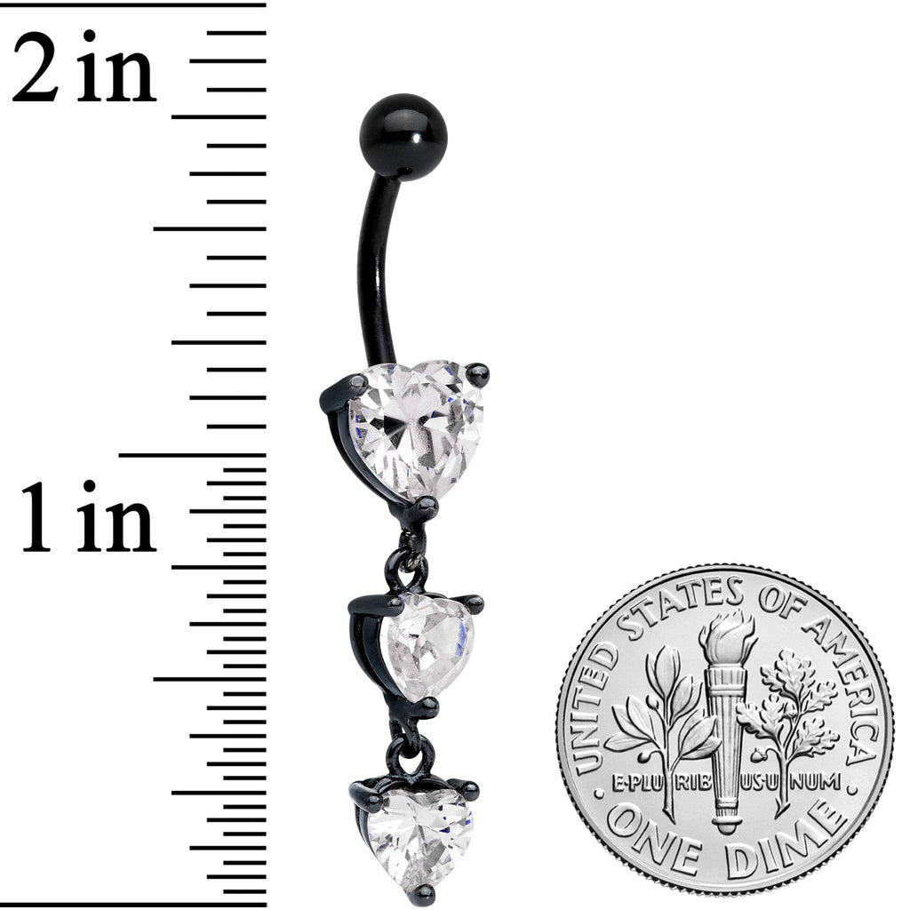 Clear CZ Gem Black Triple Heart Dangle Belly Ring