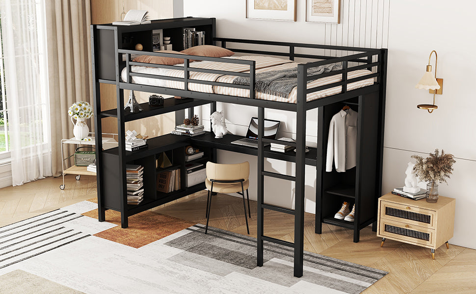 Metal Loft Bed with Wardrobe And L-shaped Desk, Full Size Loft Bed with Storage Cubes and Shelves, Heavy Duty Loft Bed for Kids Teens Adults, Black