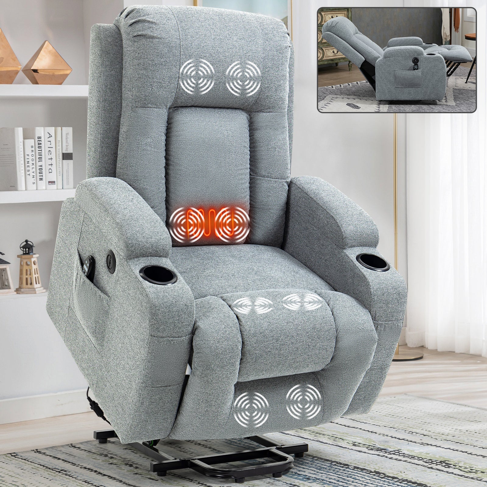 Infinite Position Single Motor Up to 350 LBS Power Lift Recliner Chair for Elderly, Heavy Duty Motion Mechanism with 8-Point Vibration Massage and Lumbar Heating, USB Charging Port, Cup Holders, Grey